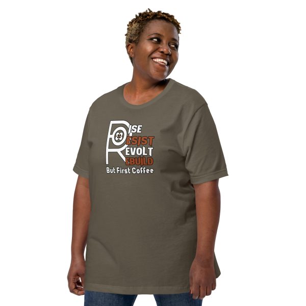 R - Rise Resist Revolt Rebuild But First Coffee Dark Style Unisex T-shirt - Image 25