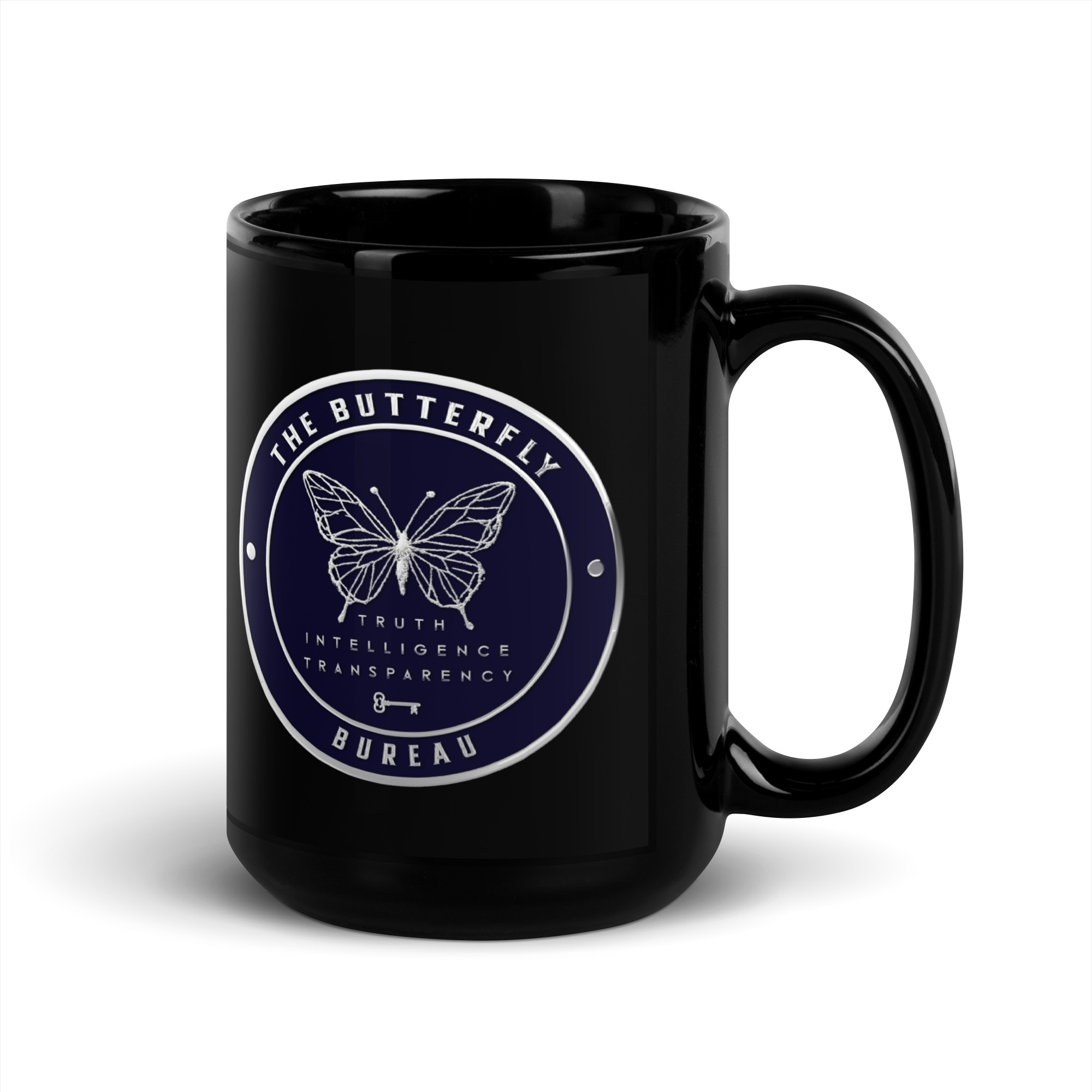 R - The Butterfly Bureau Black Glossy Mug - Image 5