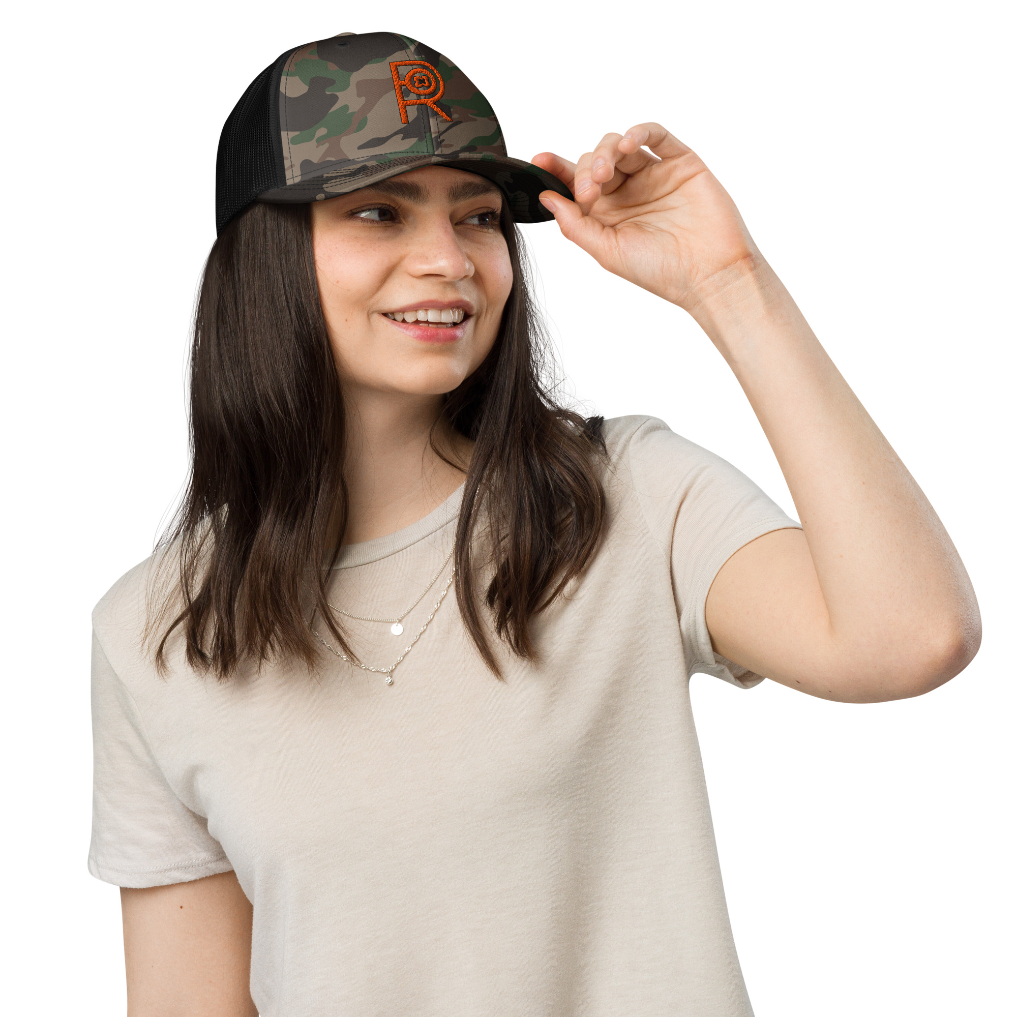 R - Orange On Mesh Camouflage Hat - Image 2