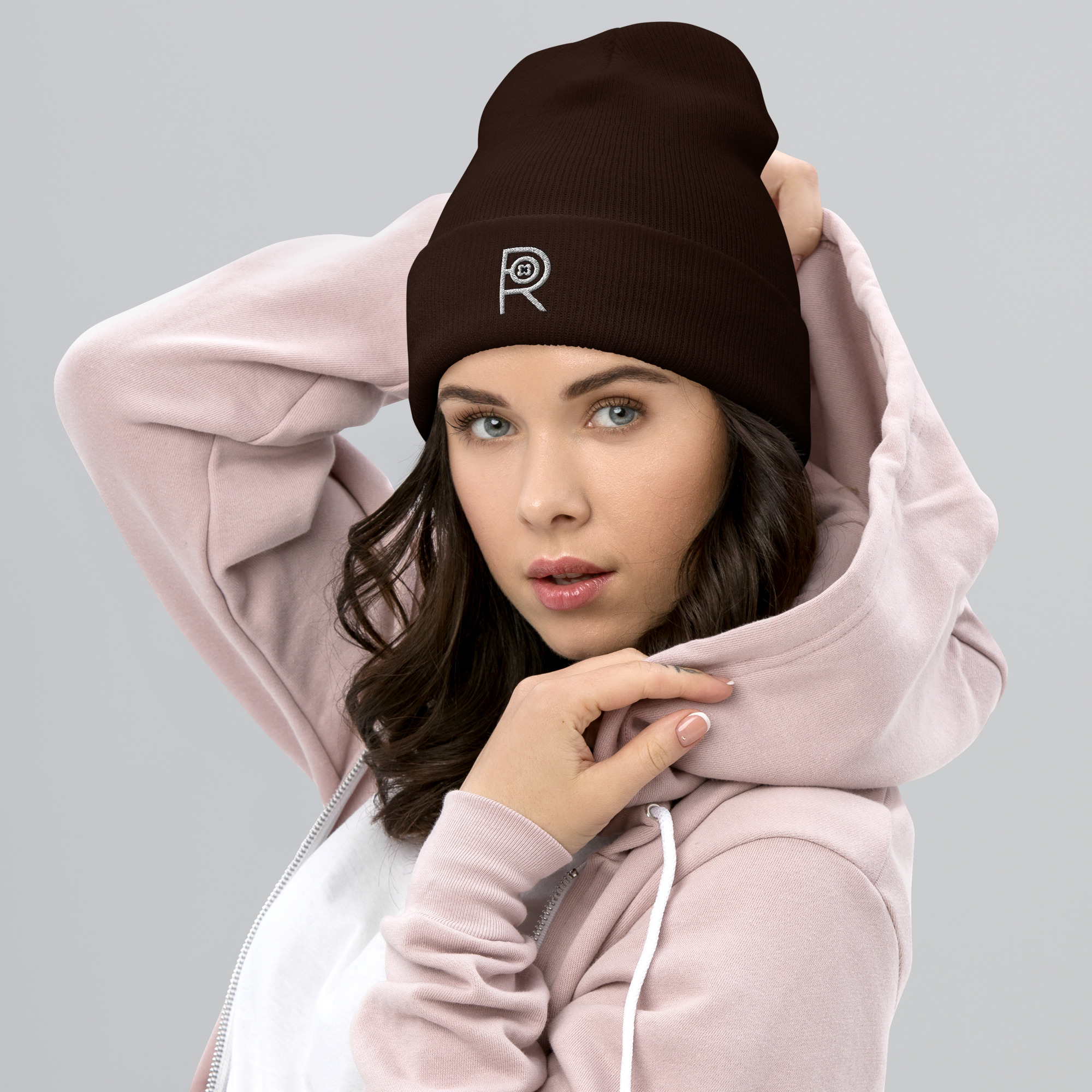 R - White And Black Outlined Unisex Cuffed Beanie - Image 3