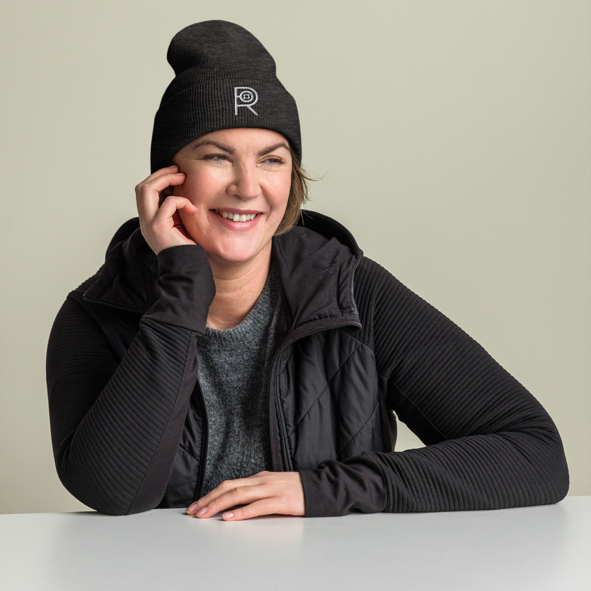 R - White And Black Outlined Unisex Cuffed Beanie - Image 5