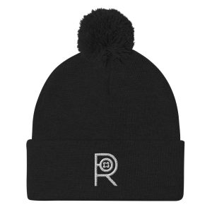 R - White and Black Outlined Unisex Black Pom-Pom Beanie