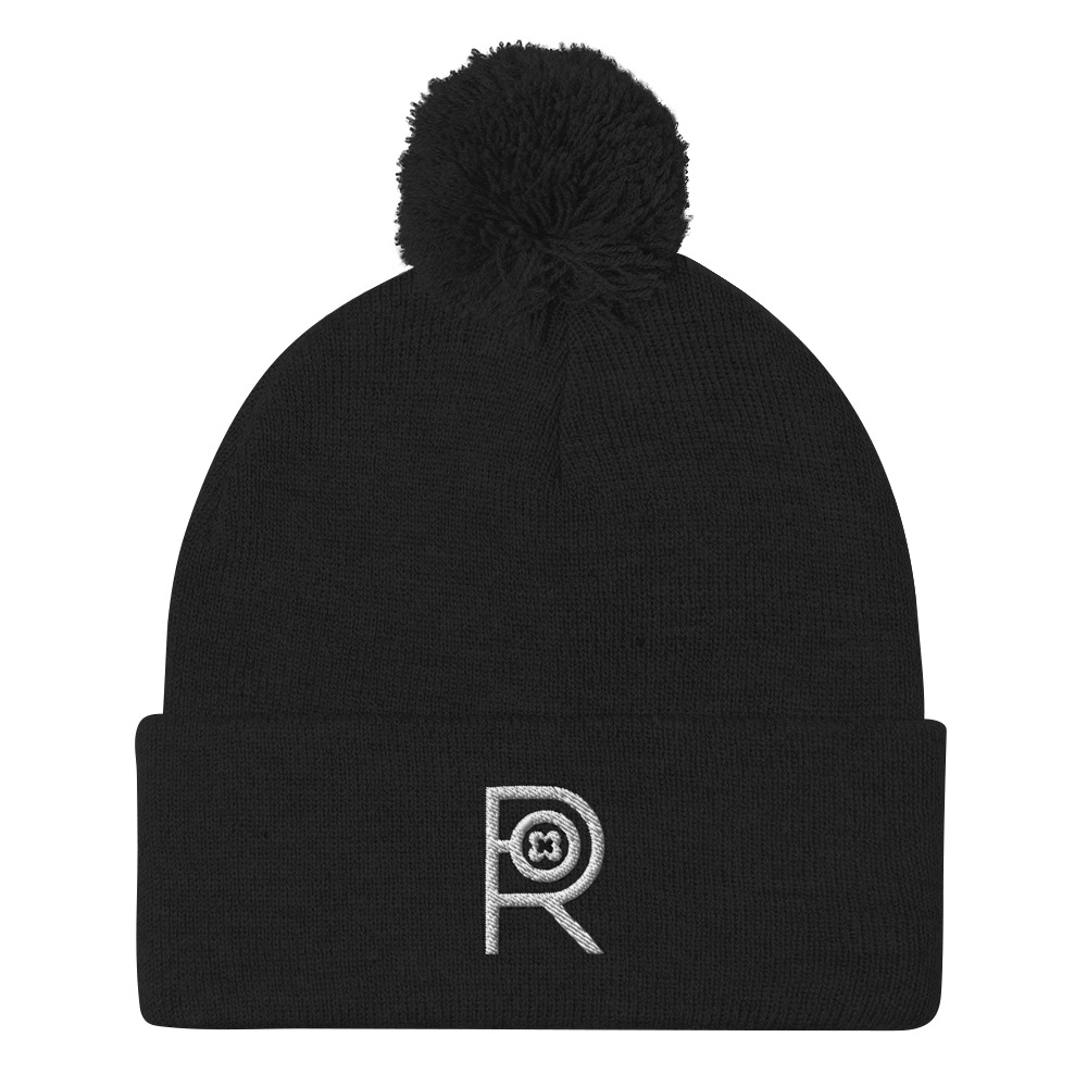 R - White and Black Outlined Unisex Black Pom-Pom Beanie