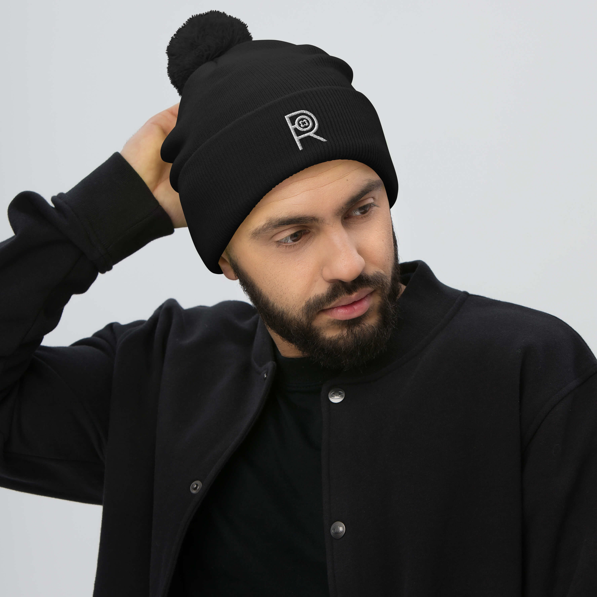 R - White and Black Outlined Unisex Black Pom-Pom Beanie - Image 3