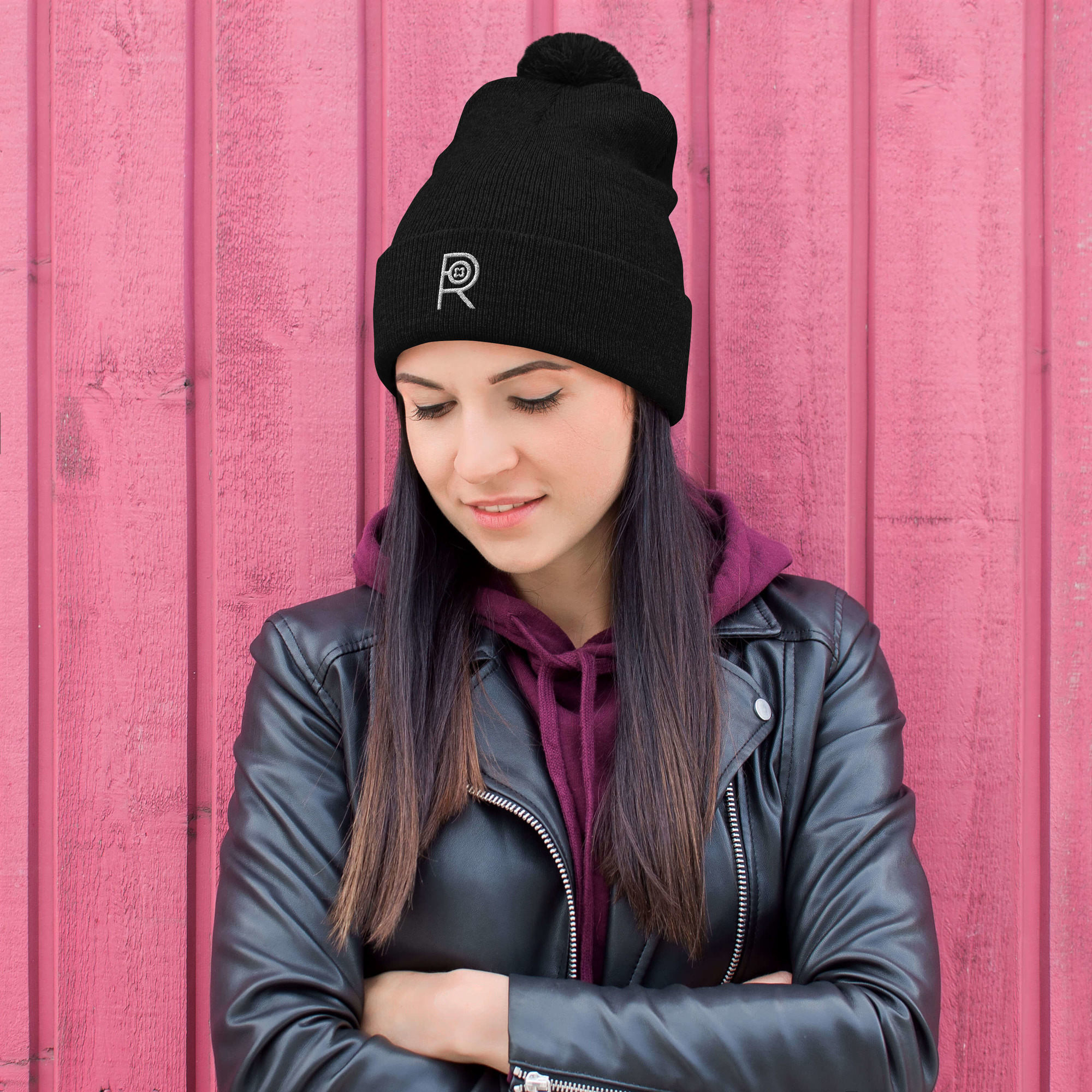 R - White and Black Outlined Unisex Black Pom-Pom Beanie - Image 4