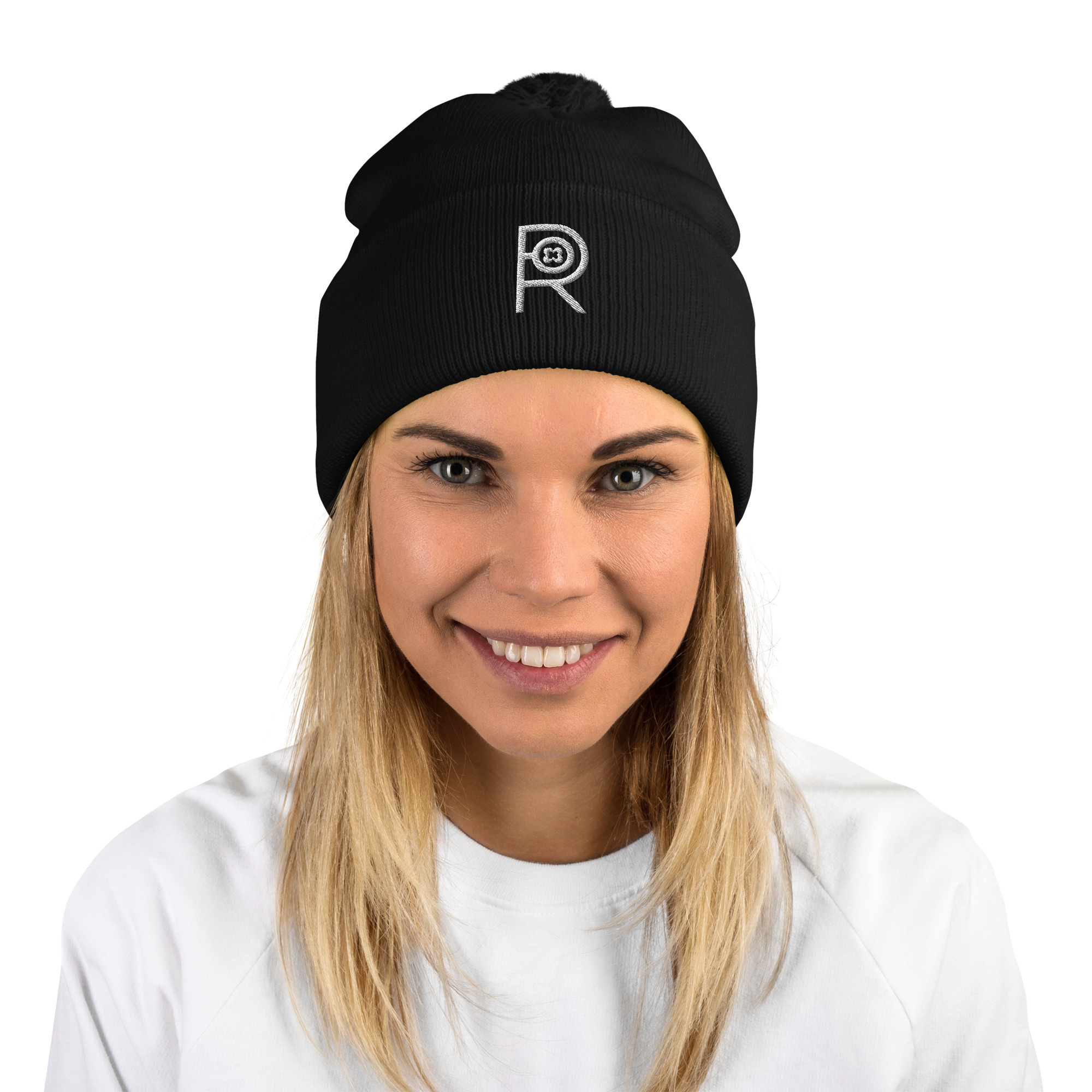 R - White and Black Outlined Unisex Black Pom-Pom Beanie - Image 5