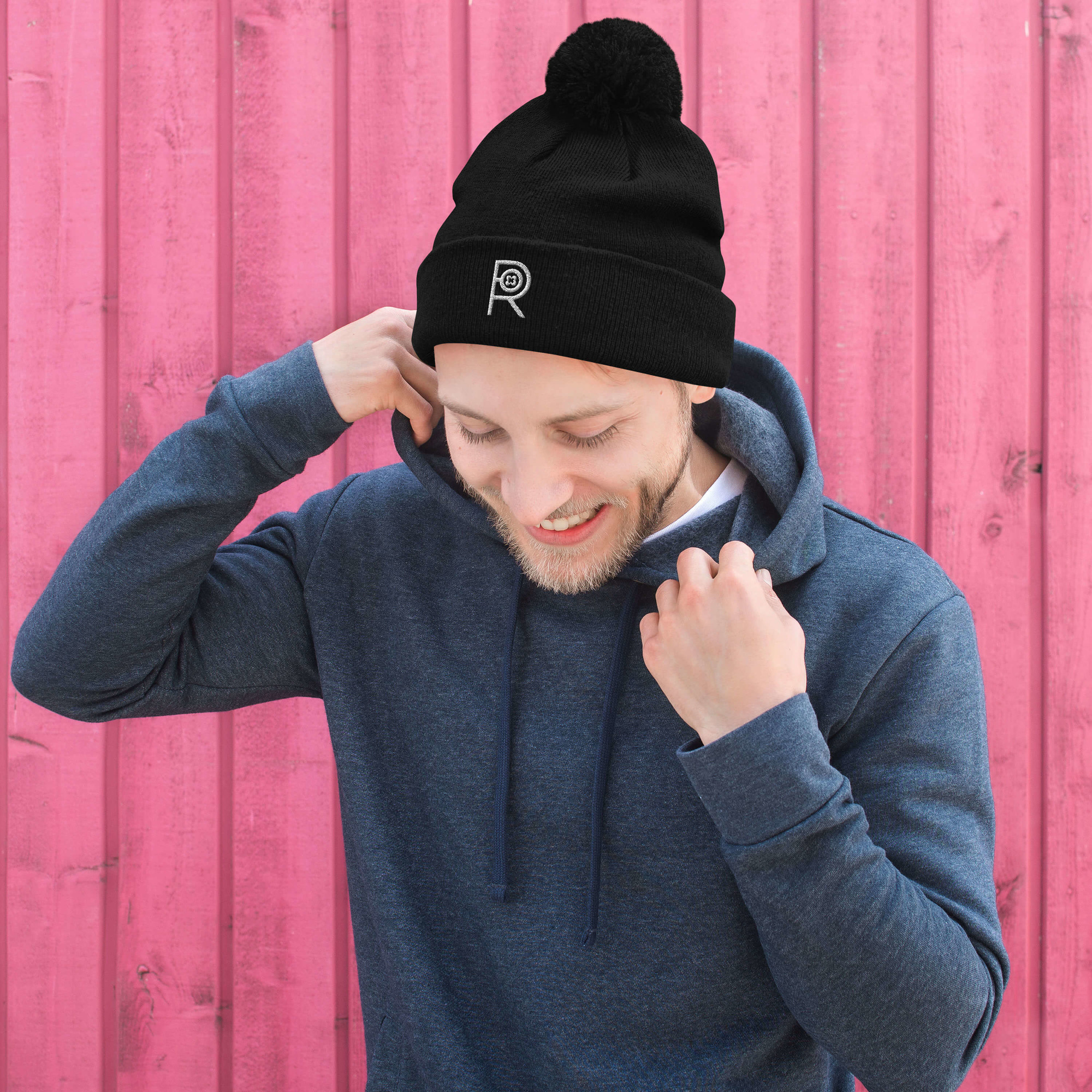 R - White and Black Outlined Unisex Black Pom-Pom Beanie - Image 6