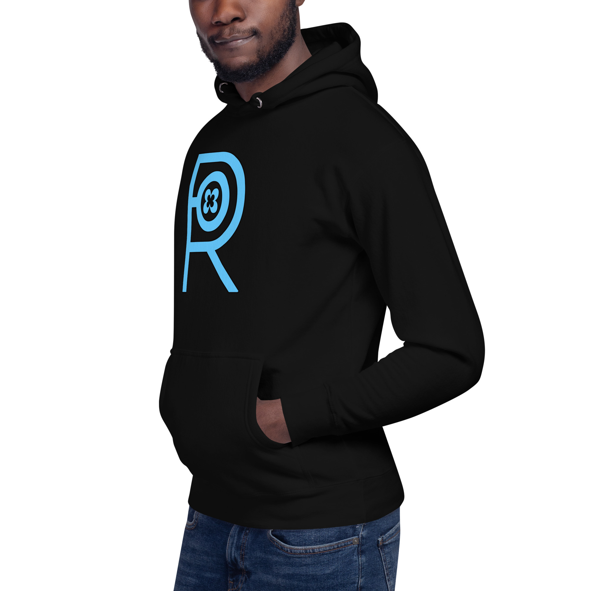 R - Sky Blue And Black On Black Unisex Hoodie - Image 3