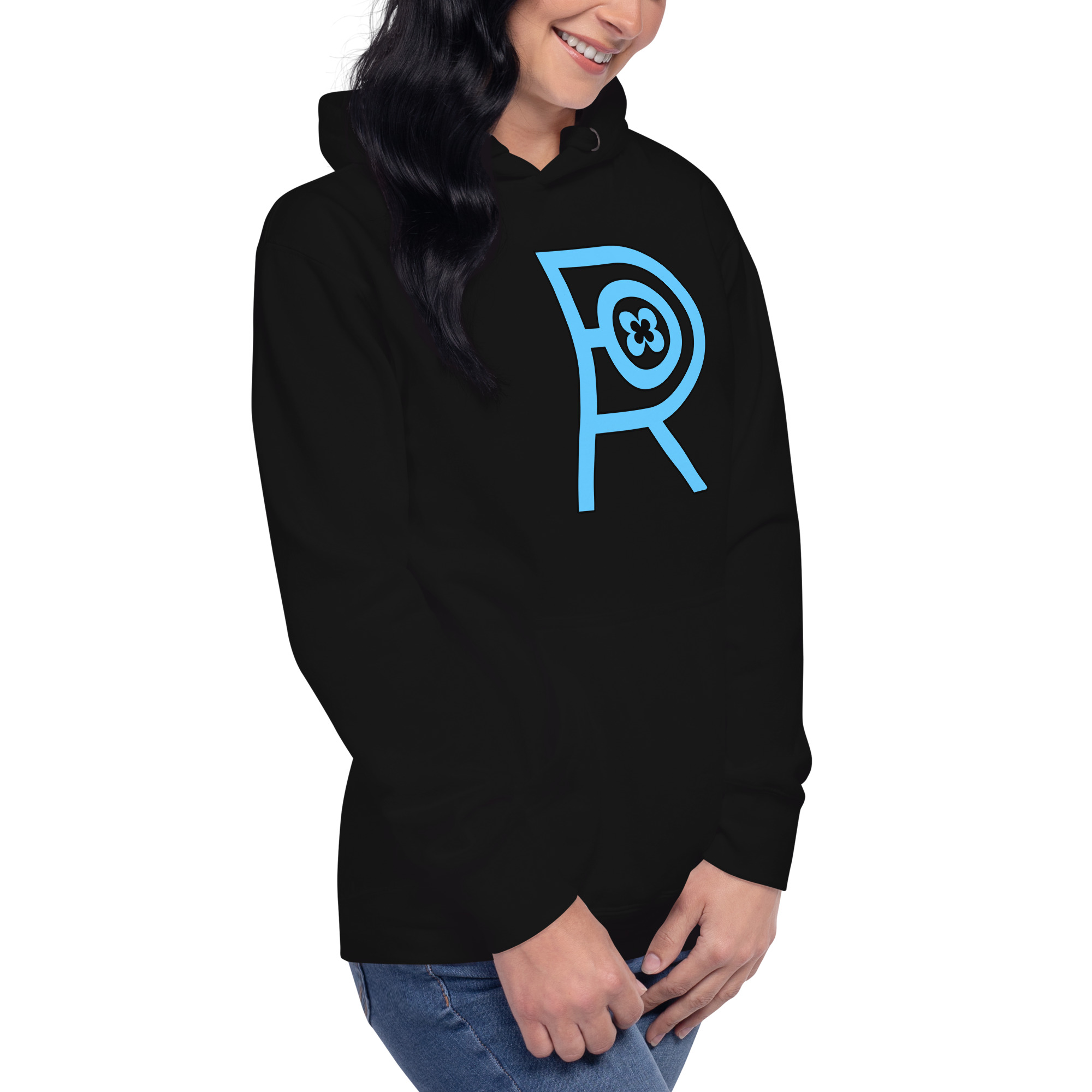 R - Sky Blue And Black On Black Unisex Hoodie - Image 2