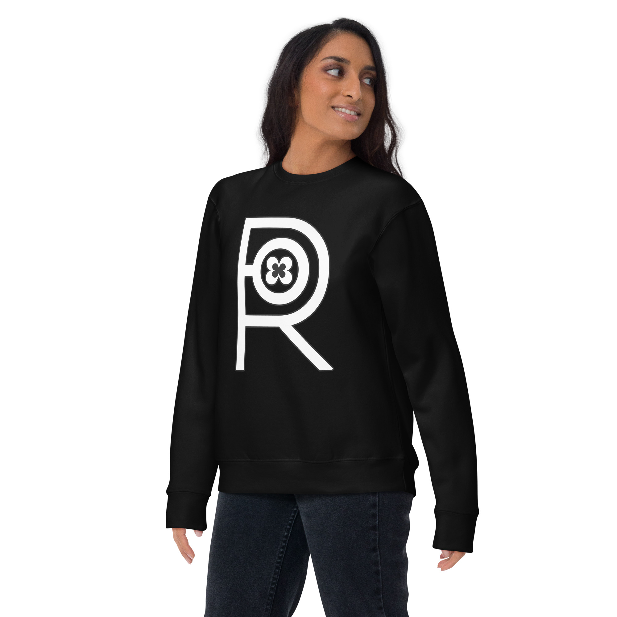 R - White And Black Outlined Black Unisex Premium Sweatshirt - Image 3