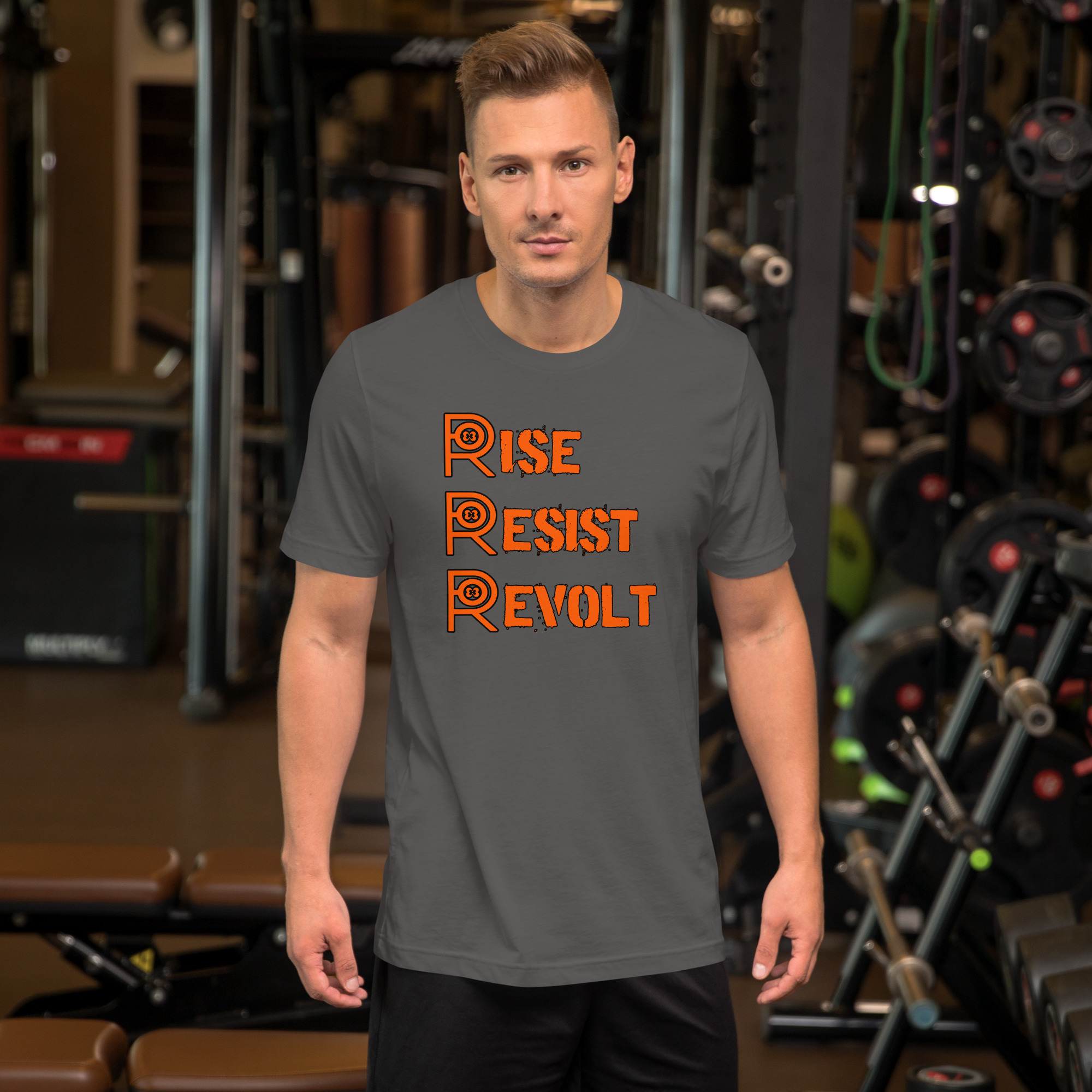R - Rise Resist Revolt Orange And Black Dark Style Unisex T-shirt - Image 19