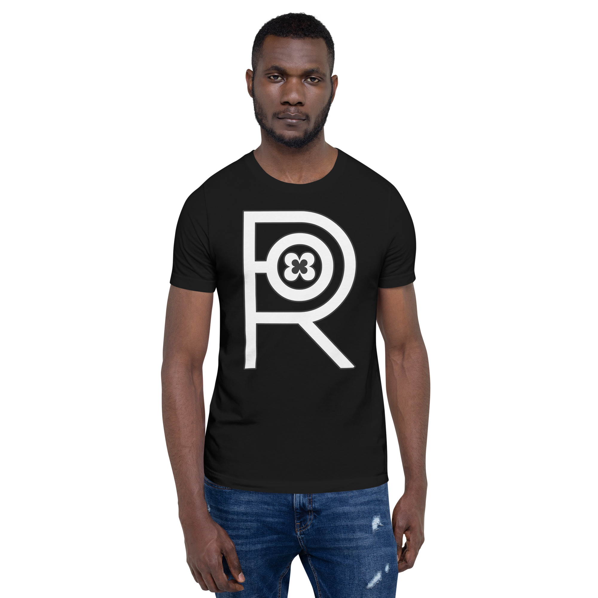 R - White On Black Unisex T-shirt - Image 4