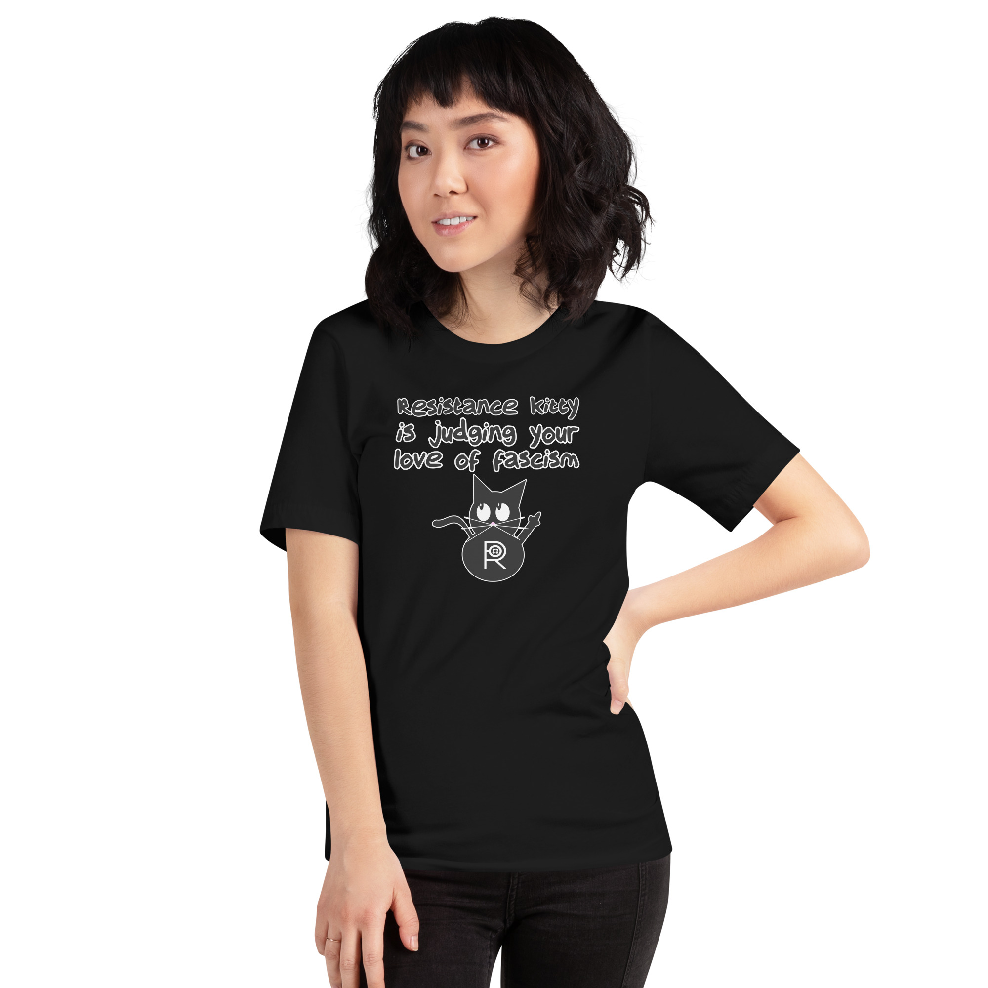 R - Resistance Kitty Is Judging Your Love Of Fascism Dark Style Unisex T-shirt - Image 3