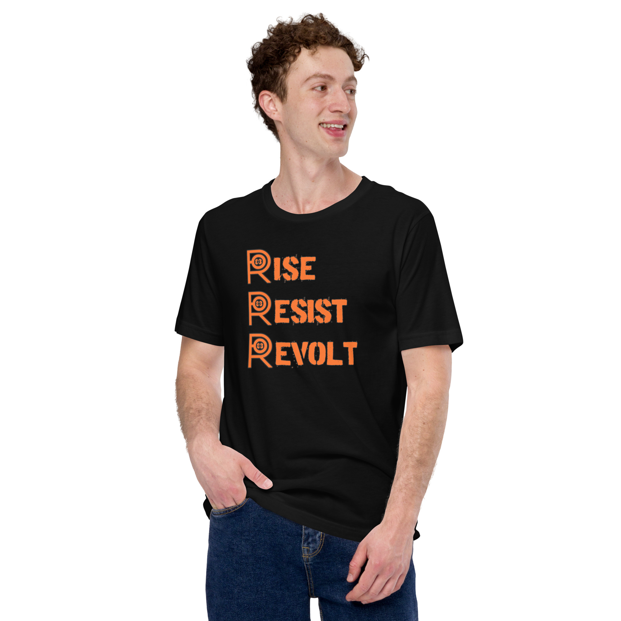 R - Rise Resist Revolt Orange And Black Dark Style Unisex T-shirt - Image 2