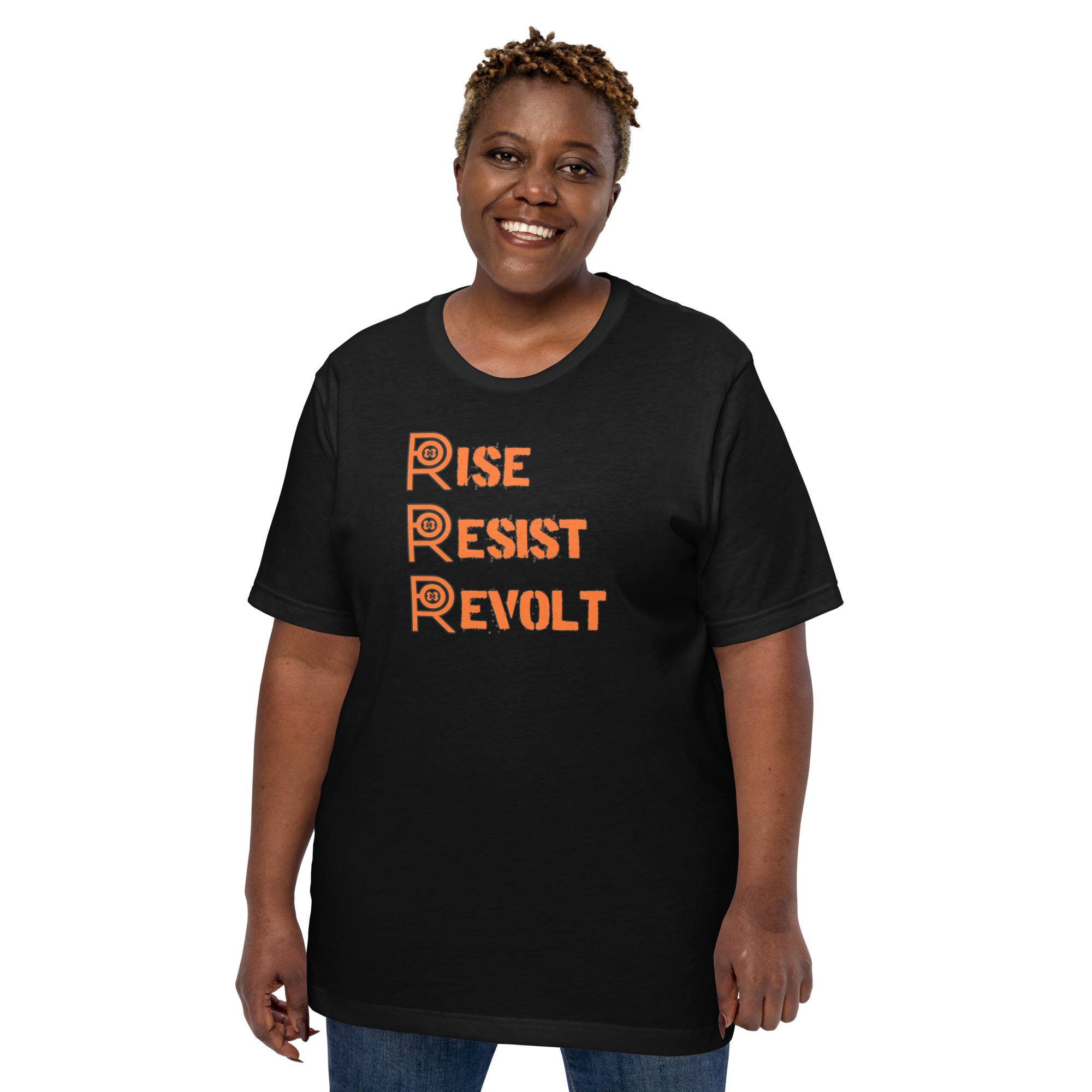 R - Rise Resist Revolt Orange And Black Dark Style Unisex T-shirt - Image 3