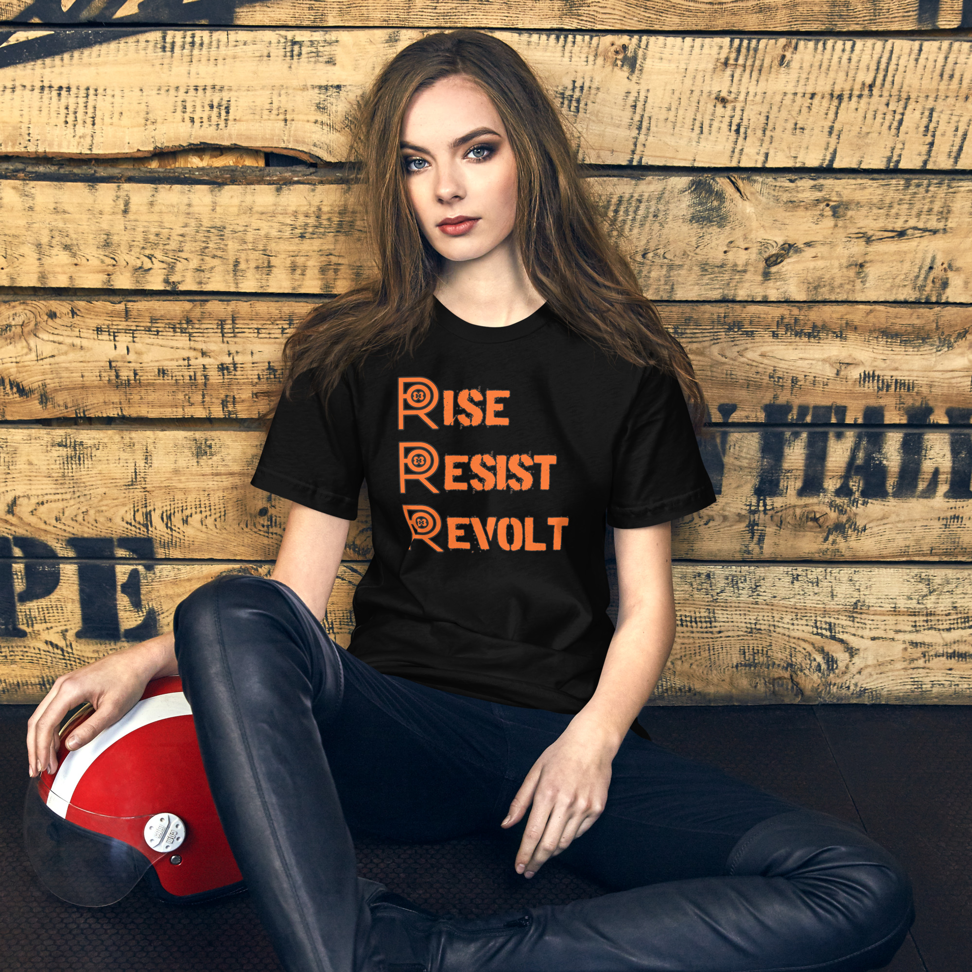 R - Rise Resist Revolt Orange And Black Dark Style Unisex T-shirt - Image 4