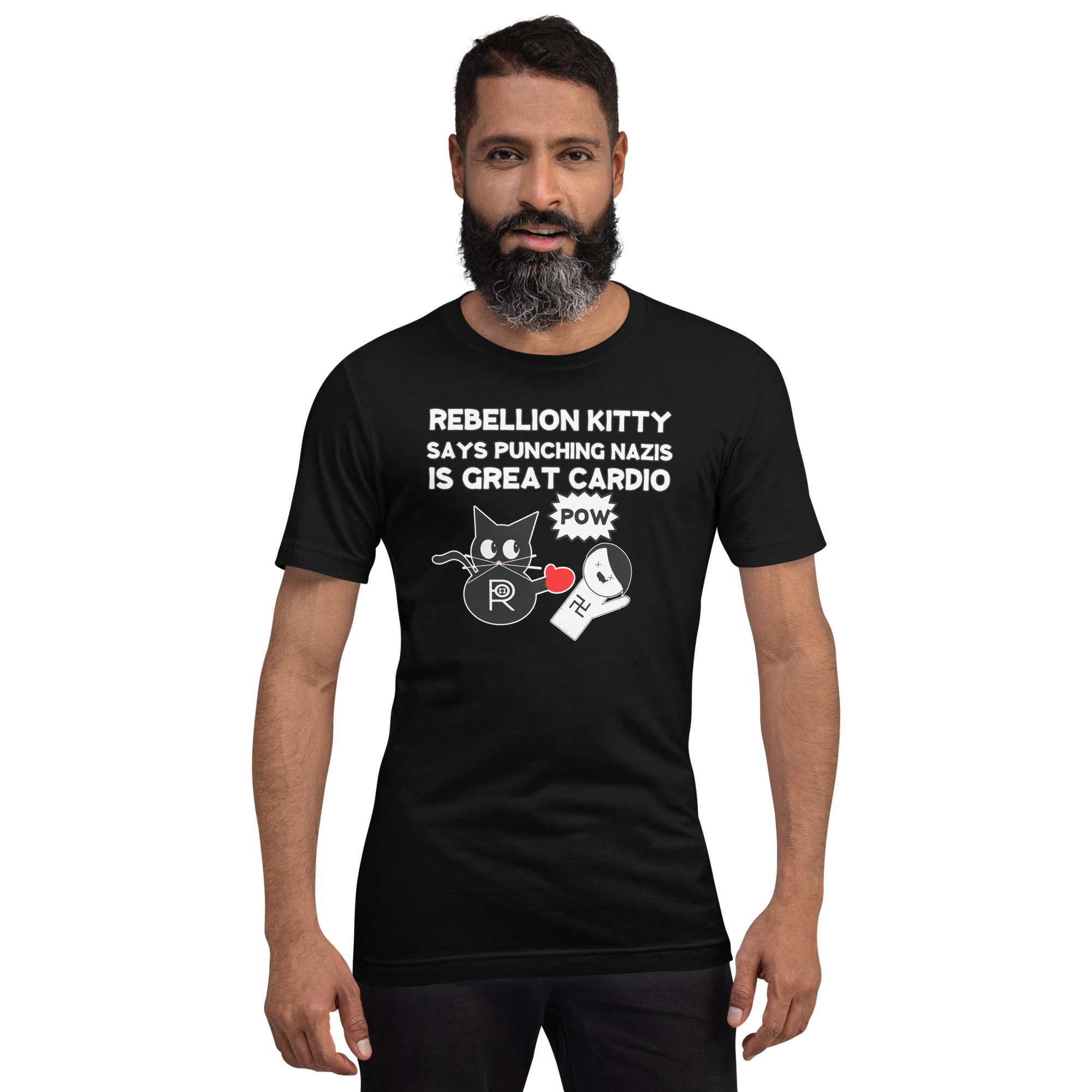 R - Rebellion Kitty Says Punching Nazis Is Great Cardio Pow Black Unisex T-shirt - Image 2