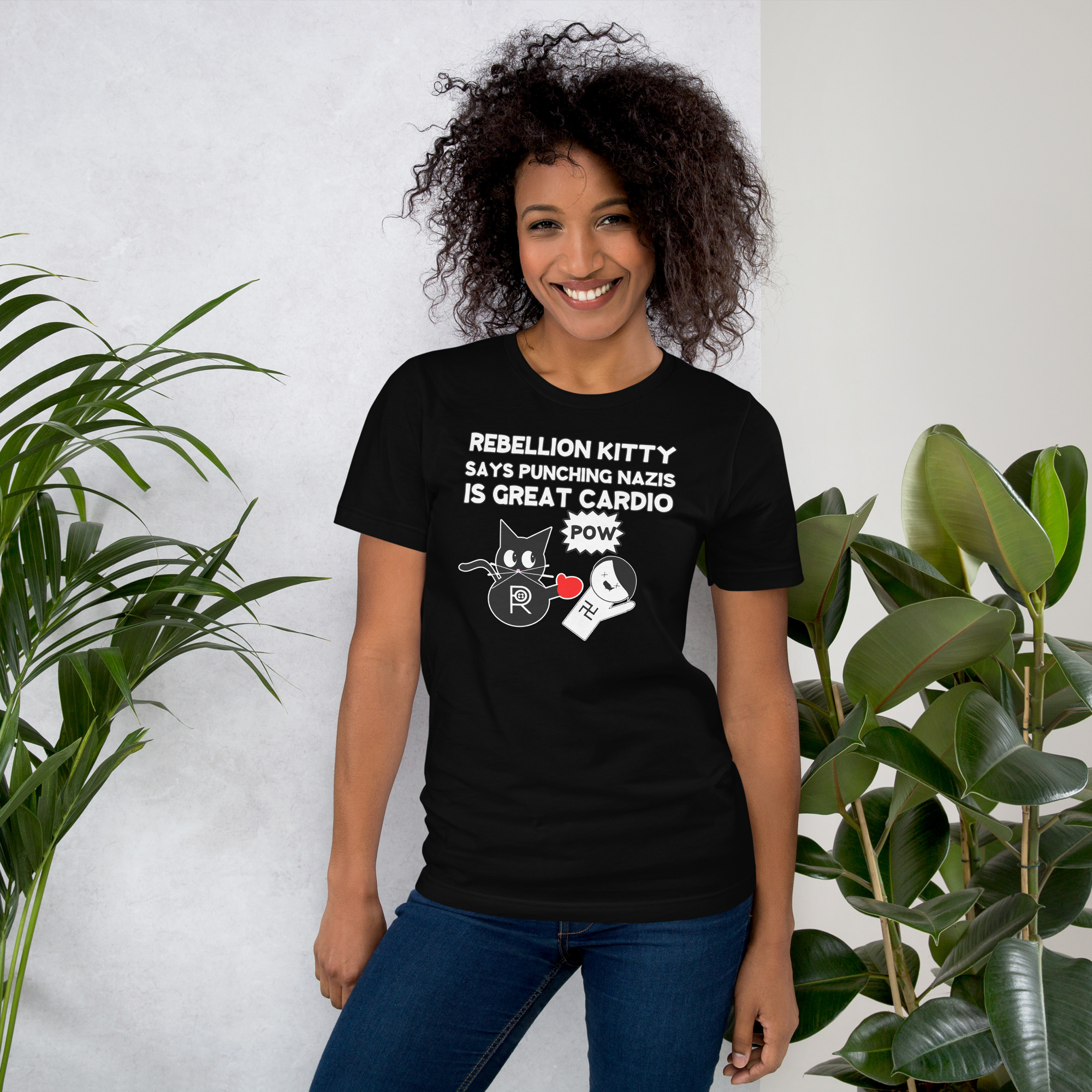 R - Rebellion Kitty Says Punching Nazis Is Great Cardio Pow Black Unisex T-shirt - Image 3