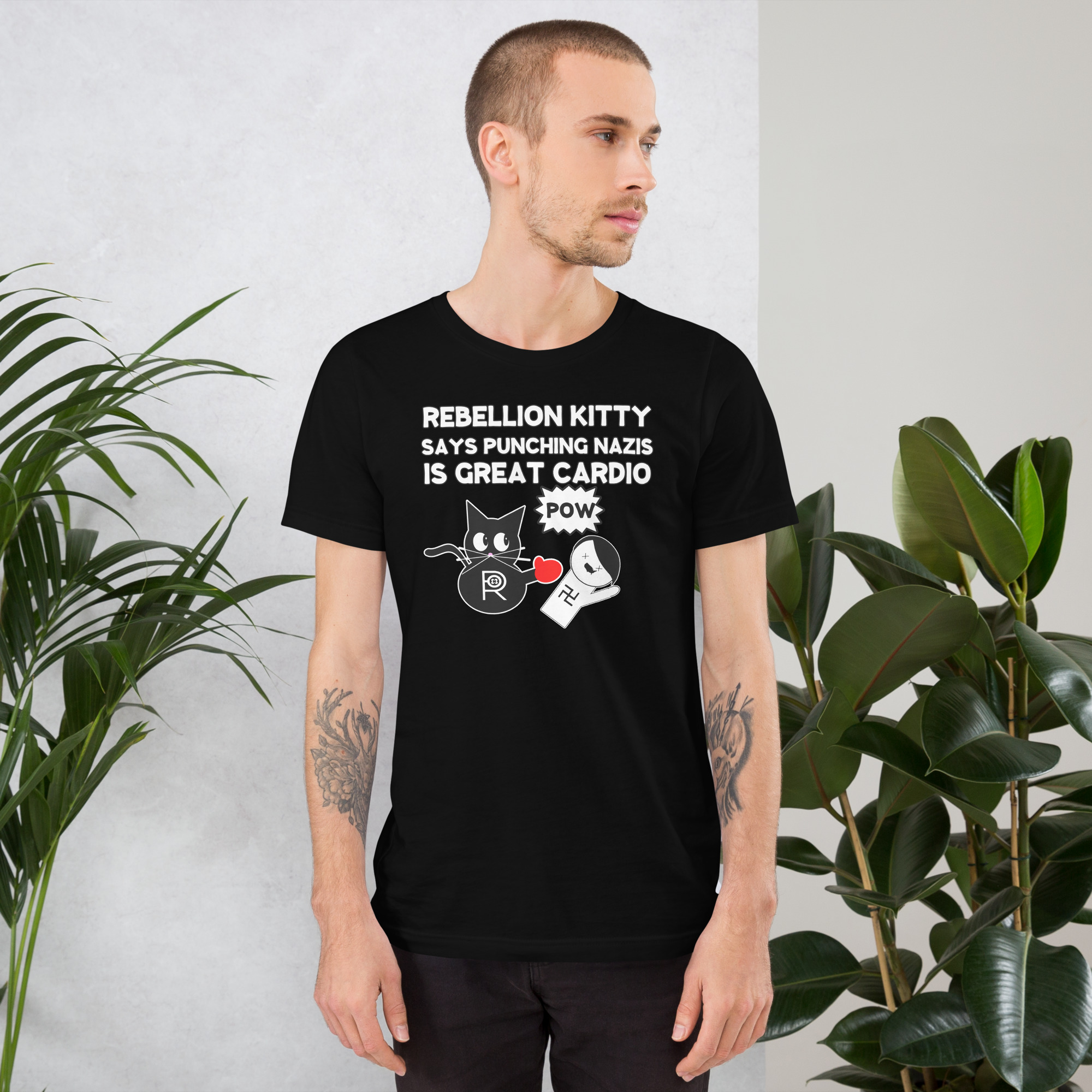 R - Rebellion Kitty Says Punching Nazis Is Great Cardio Pow Black Unisex T-shirt - Image 4