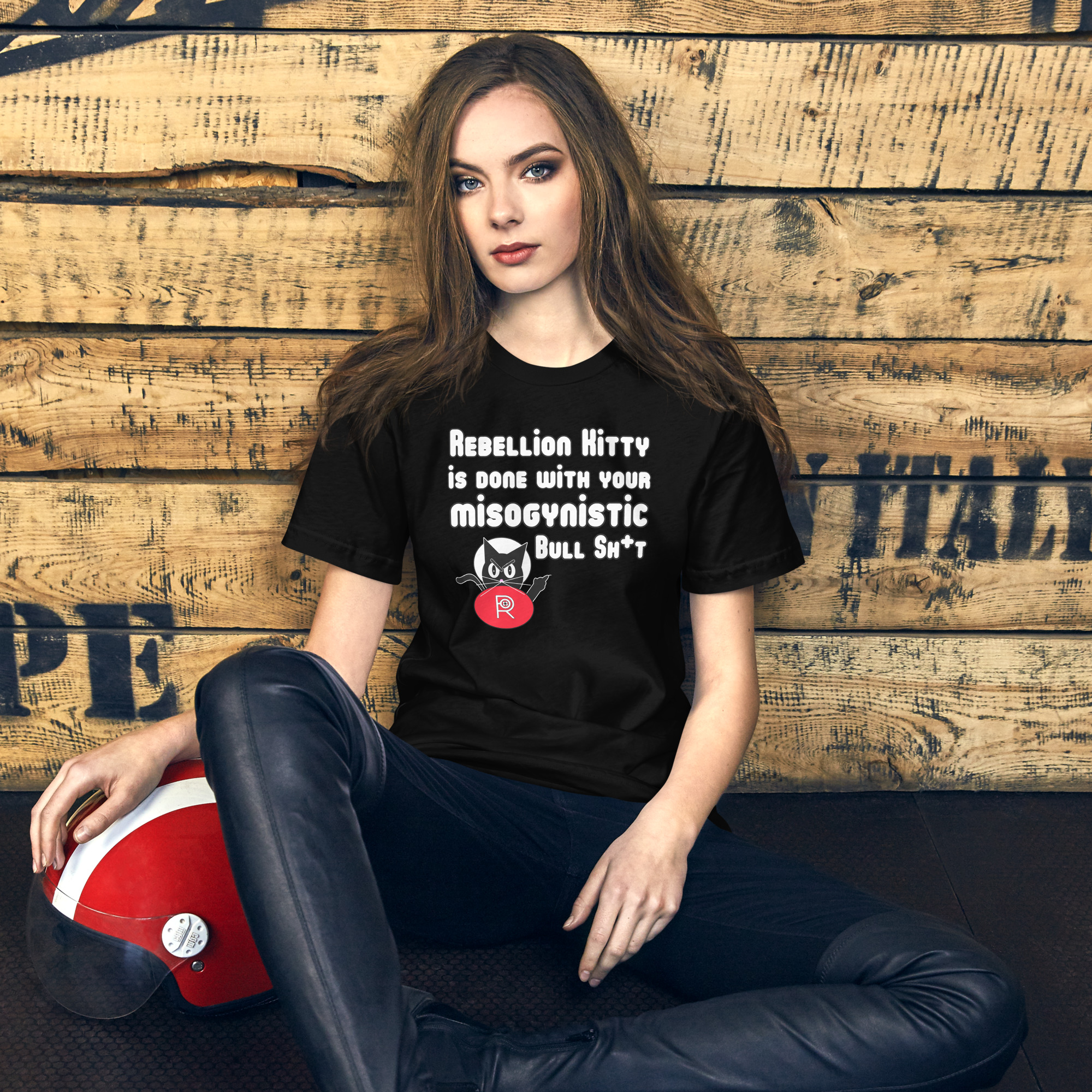 R - Rebellion Kitty Is Done With Your Misogynistic Bullsh+t Black Unisex T-shirt - Image 3