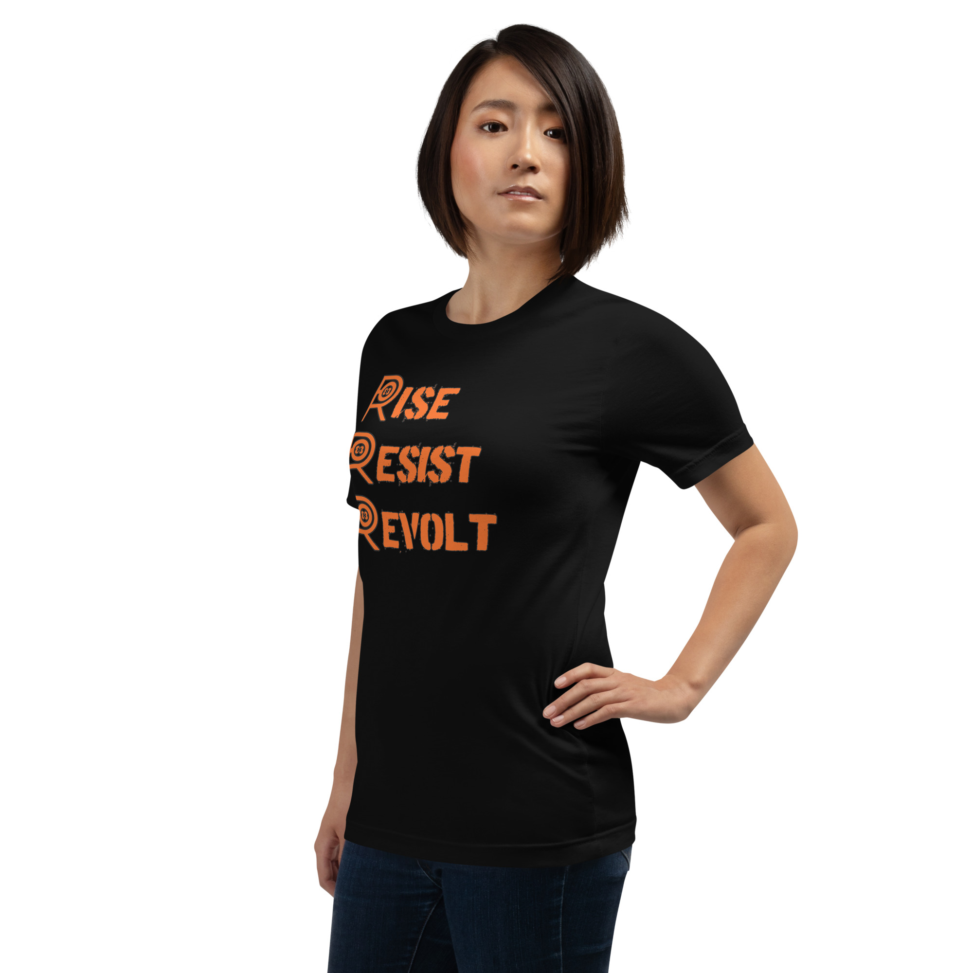 R - Rise Resist Revolt Orange And Black Dark Style Unisex T-shirt - Image 5