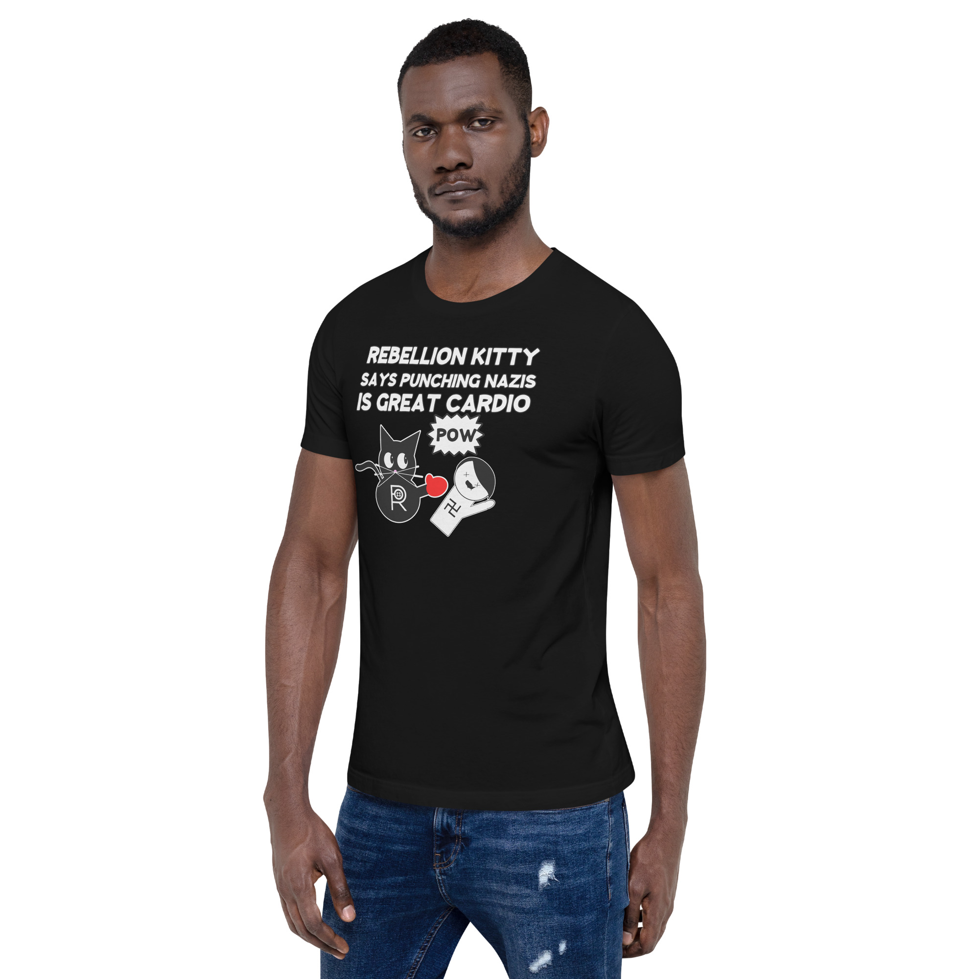 R - Rebellion Kitty Says Punching Nazis Is Great Cardio Pow Black Unisex T-shirt - Image 5