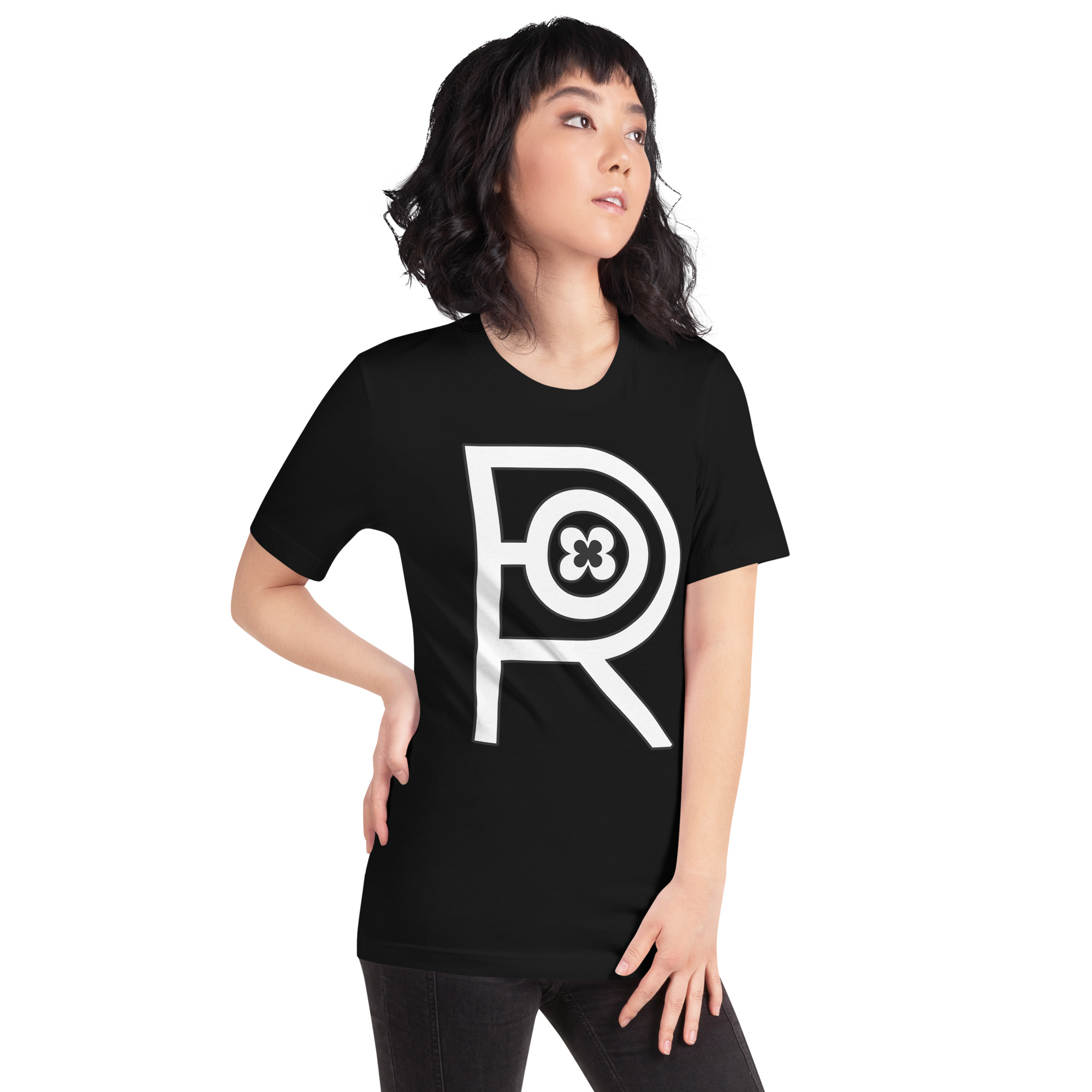 R - White On Black Unisex T-shirt - Image 3