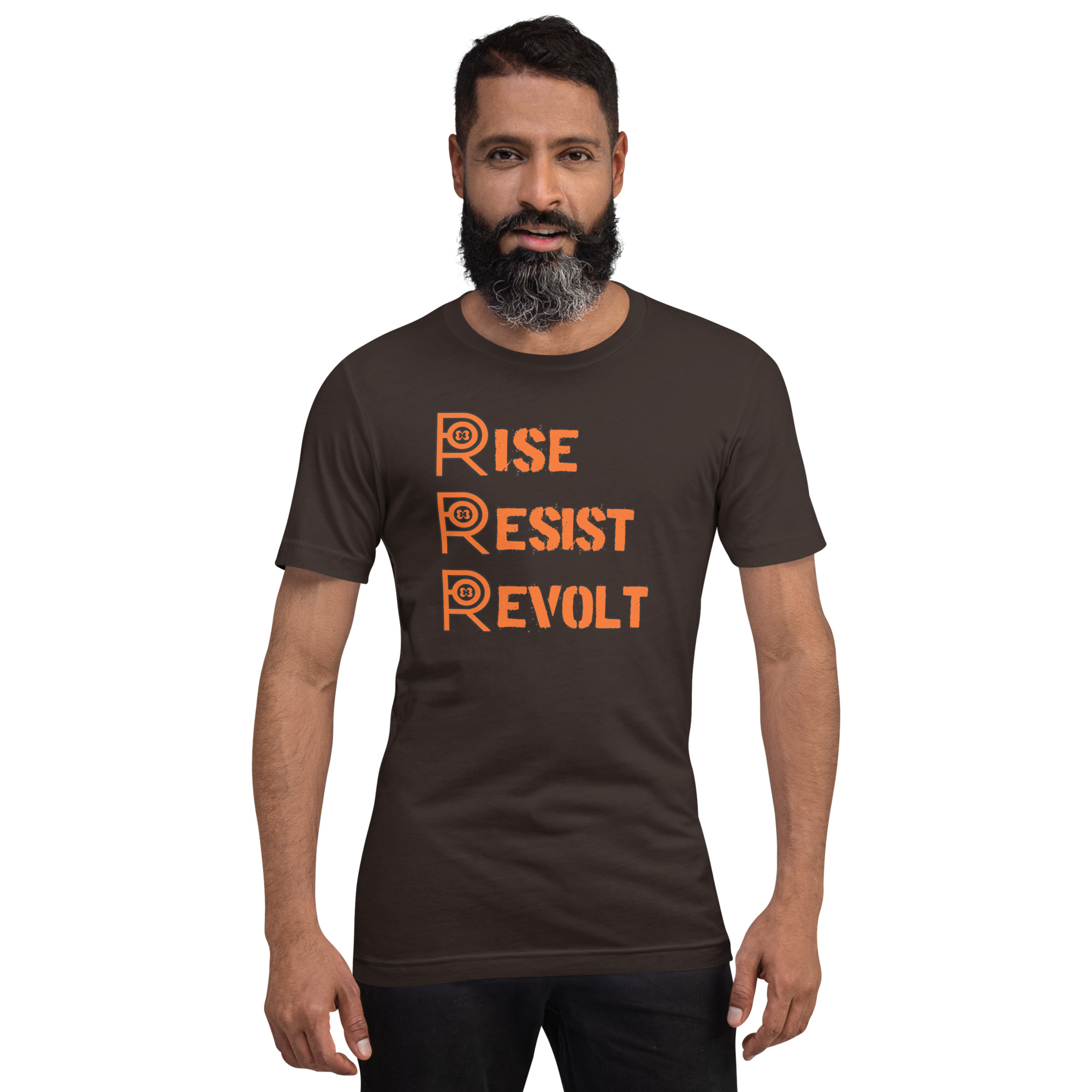 R - Rise Resist Revolt Orange And Black Dark Style Unisex T-shirt - Image 12