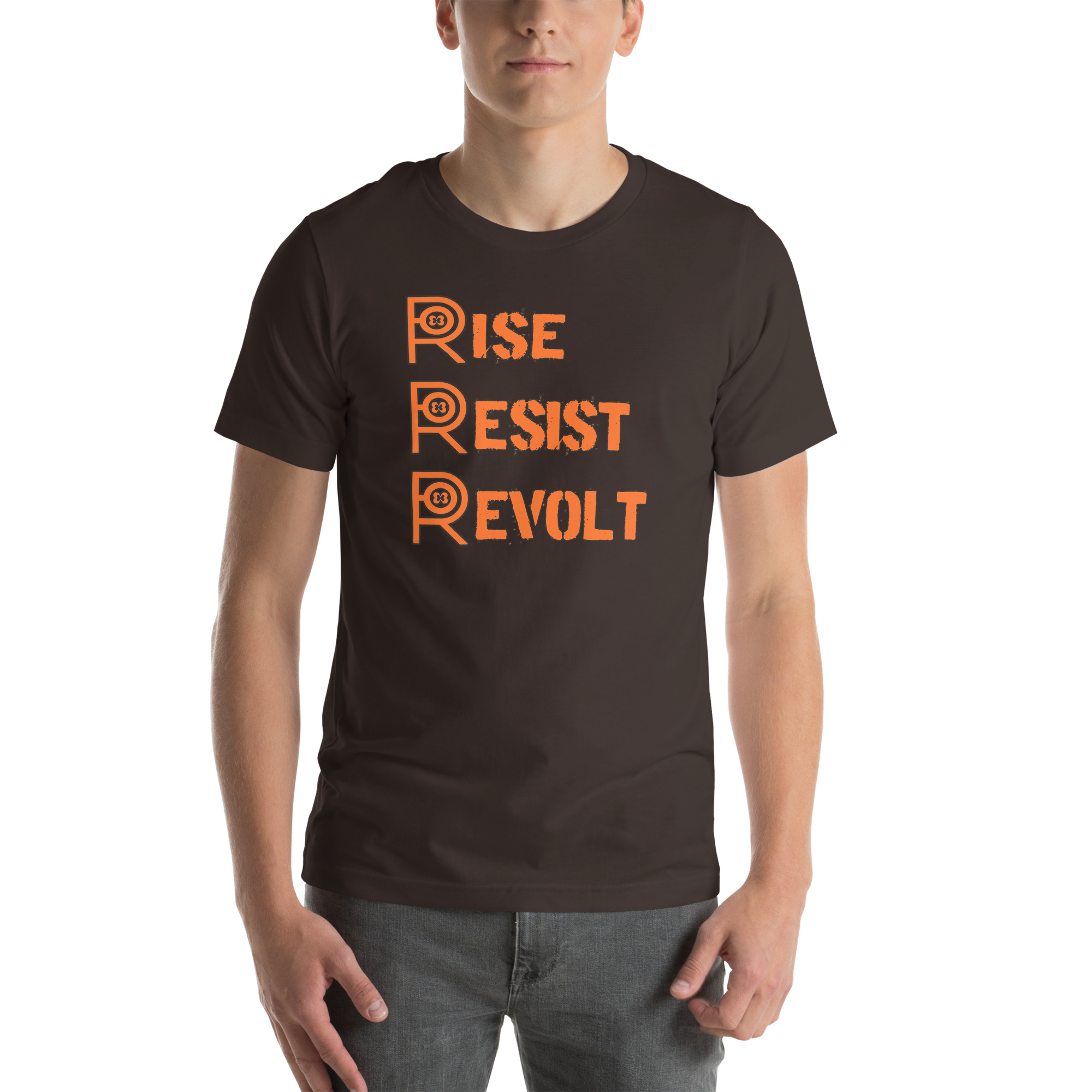 R - Rise Resist Revolt Orange And Black Dark Style Unisex T-shirt - Image 13