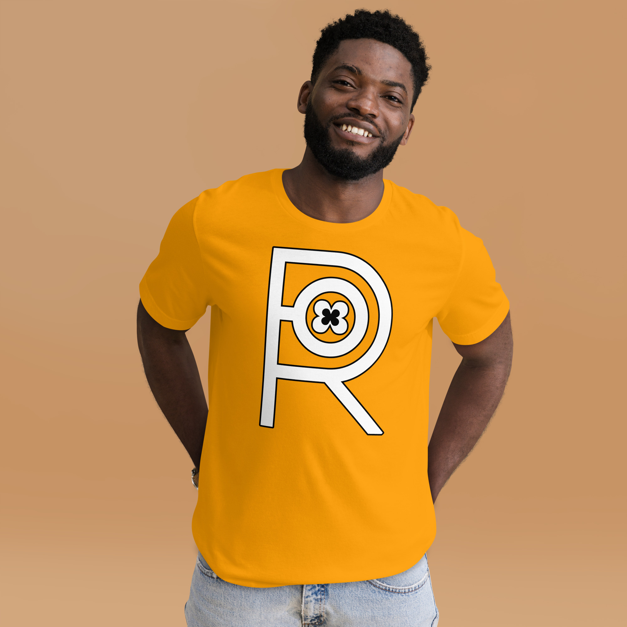 R - White And Black On Gold Unisex T-shirt - Image 8