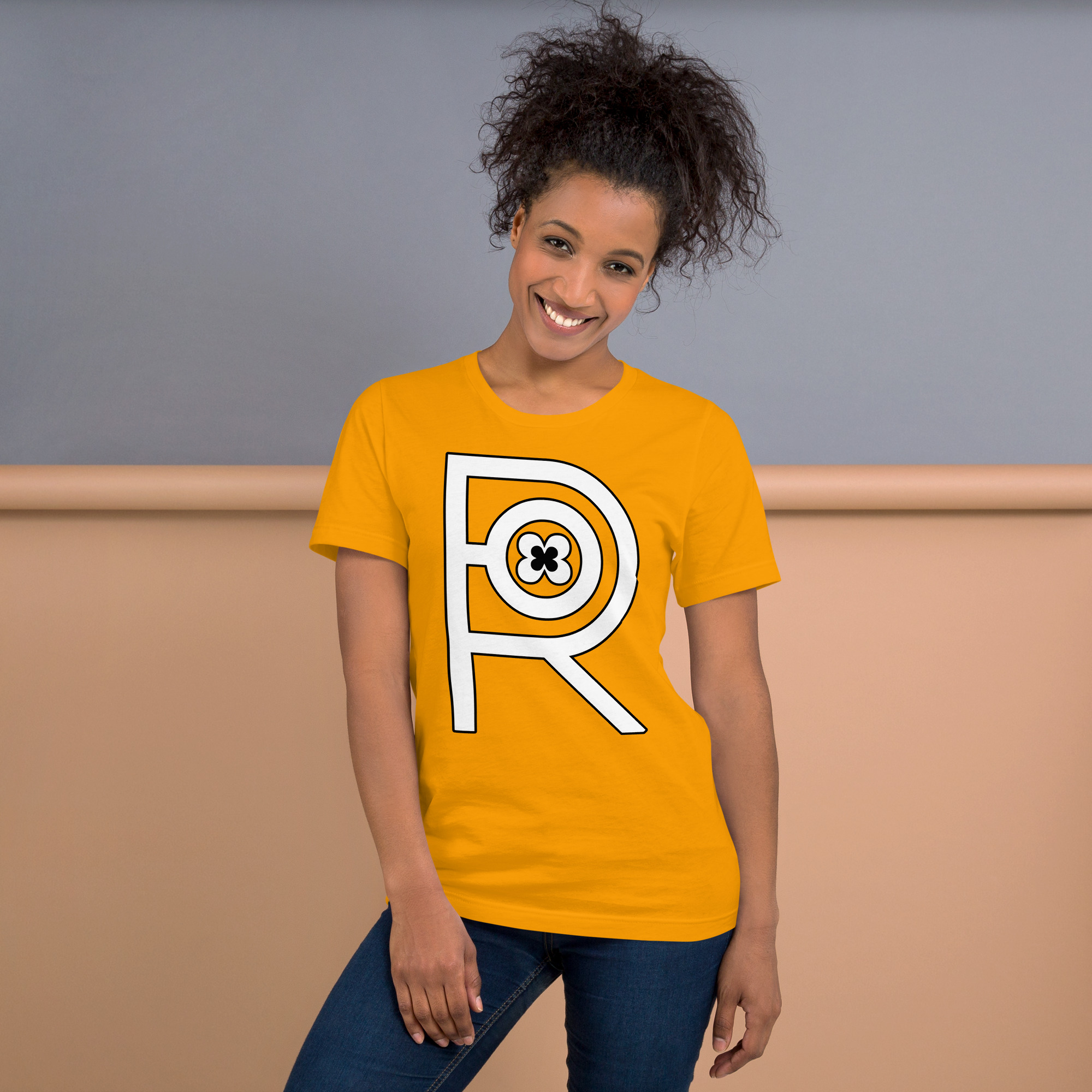 R - White And Black On Gold Unisex T-shirt - Image 2