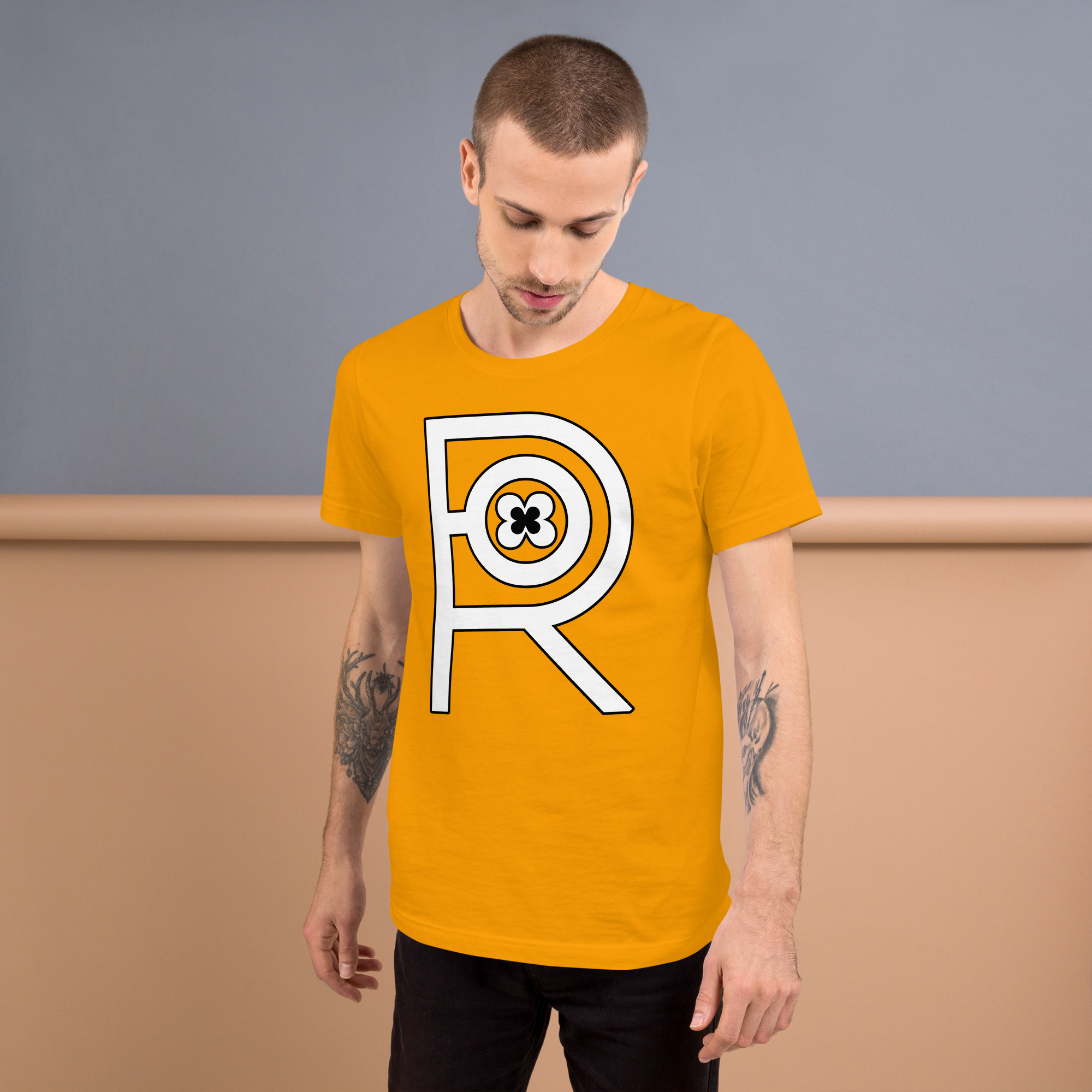 R - White And Black On Gold Unisex T-shirt - Image 10