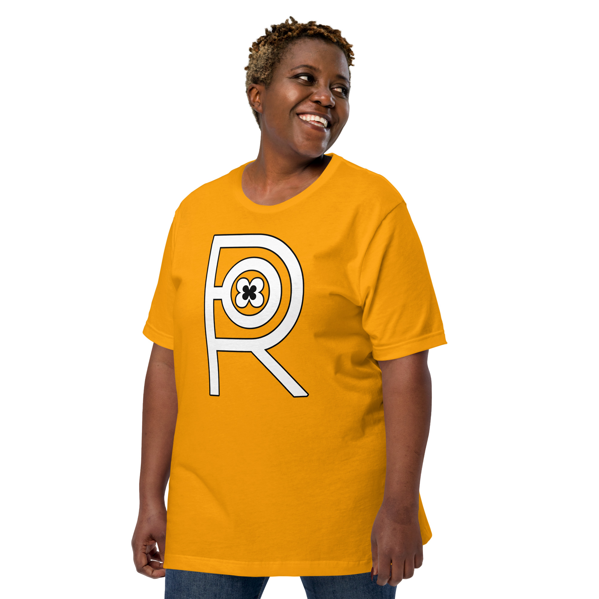 R - White And Black On Gold Unisex T-shirt - Image 4