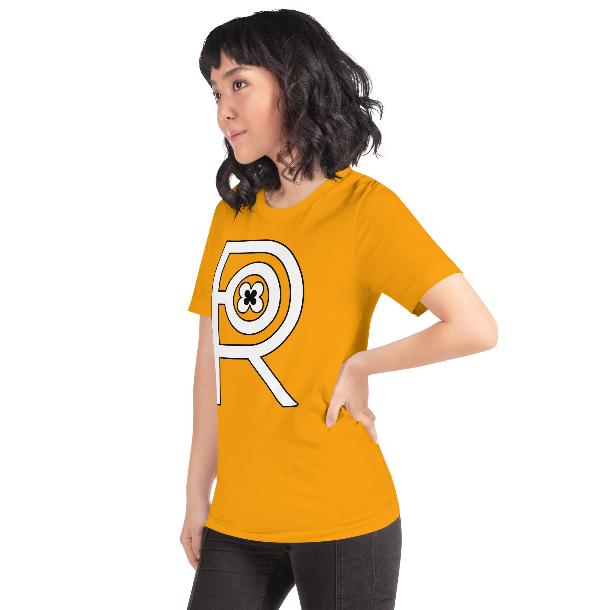 R - White And Black On Gold Unisex T-shirt - Image 6