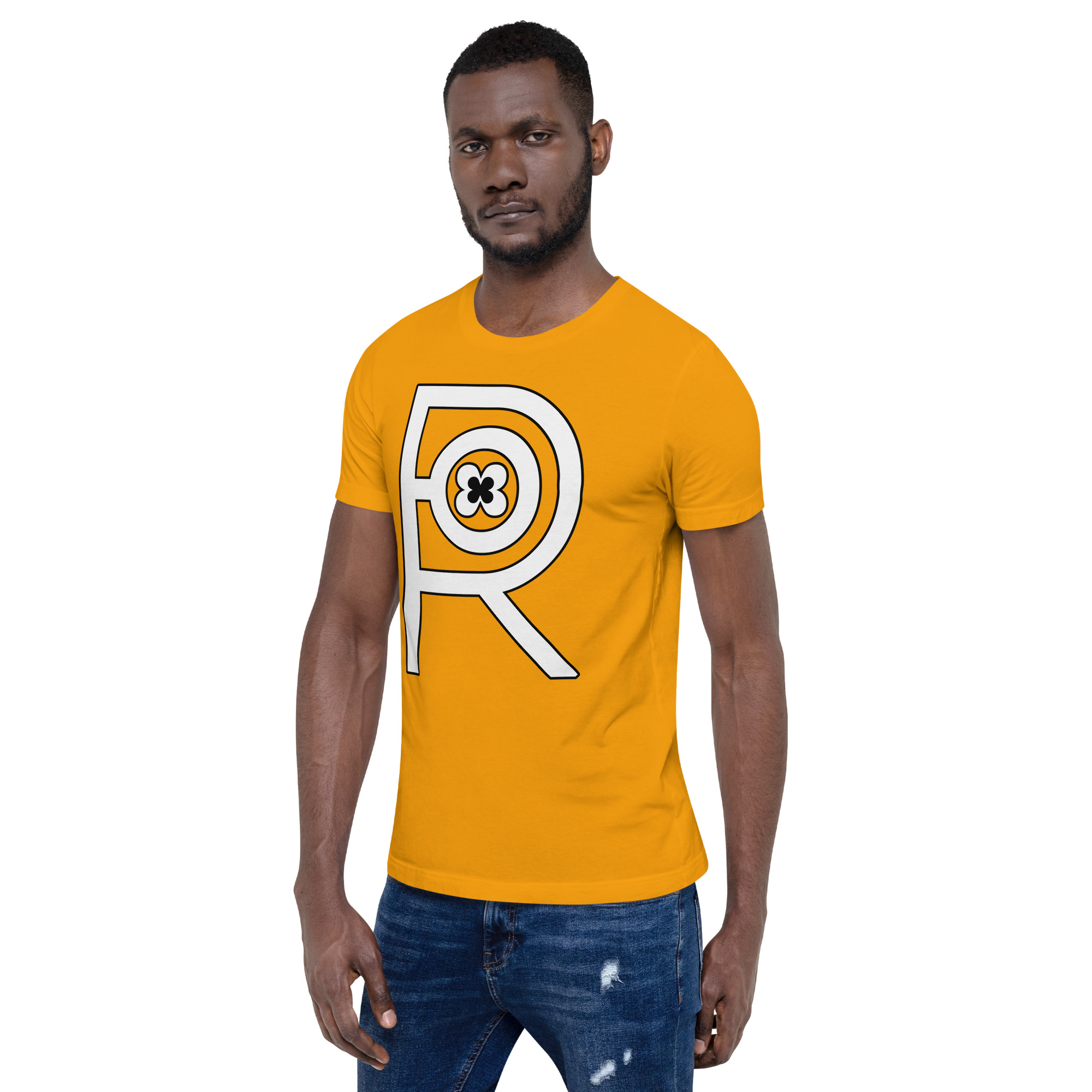 R - White And Black On Gold Unisex T-shirt - Image 7