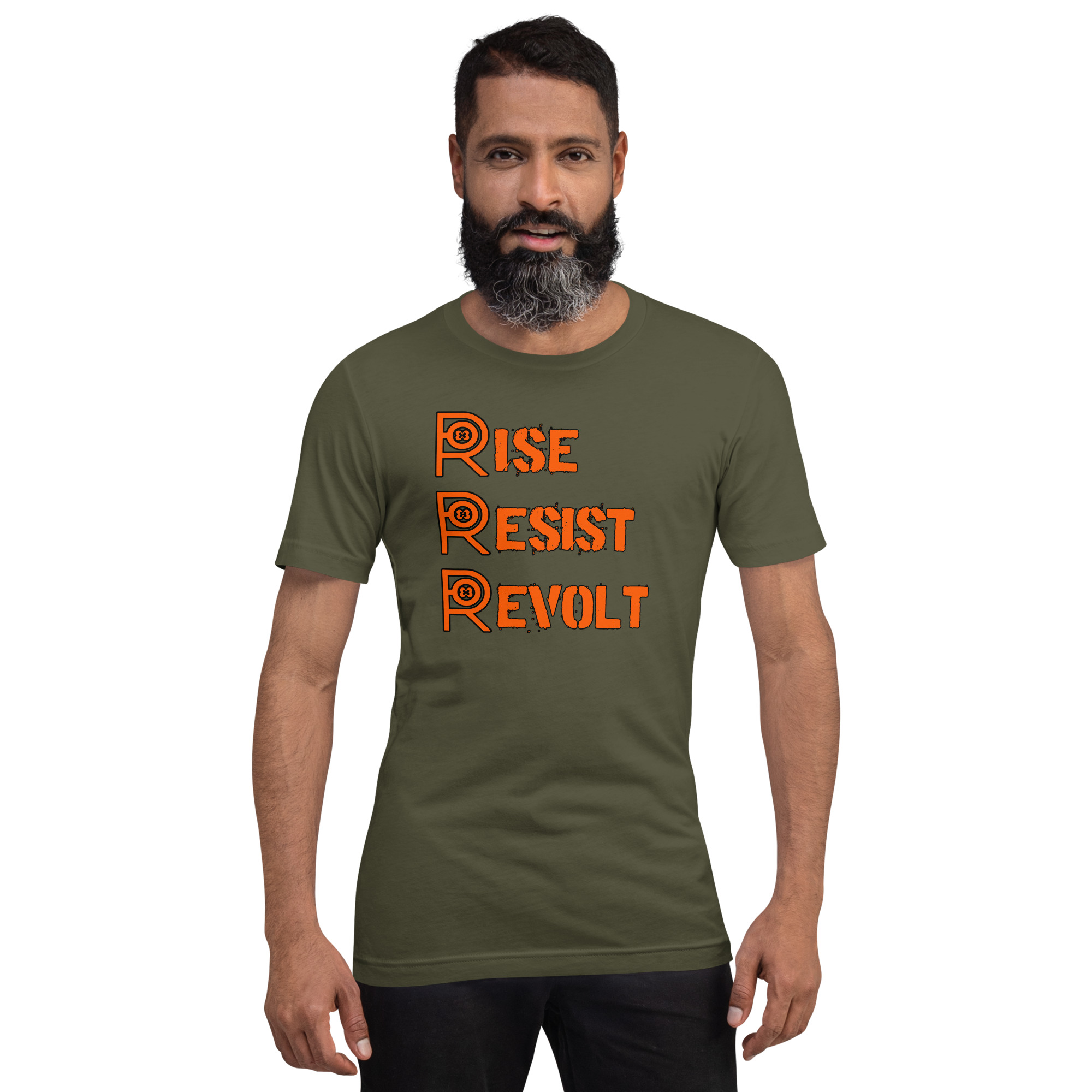 R - Rise Resist Revolt Orange And Black Dark Style Unisex T-shirt - Image 17