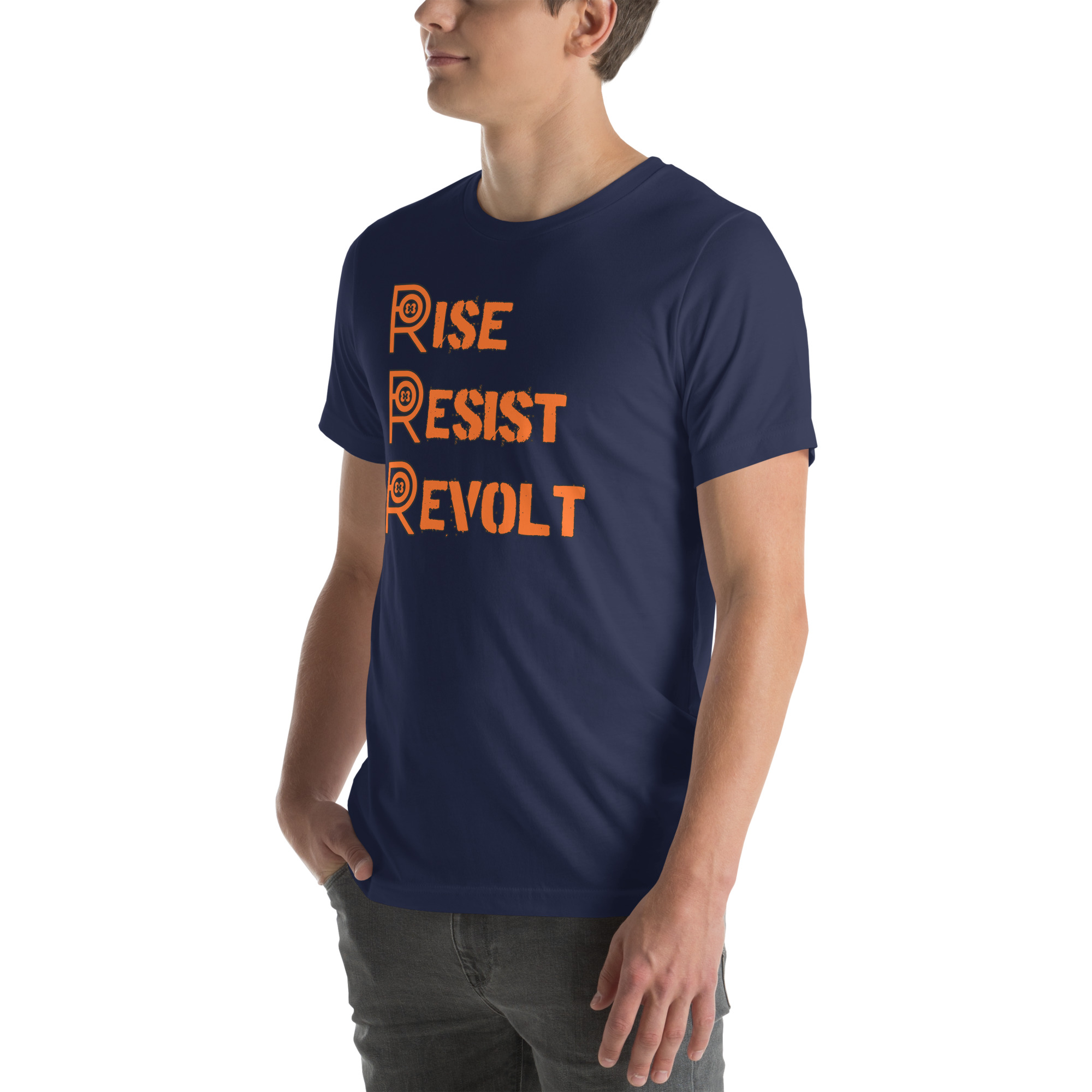R - Rise Resist Revolt Orange And Black Dark Style Unisex T-shirt - Image 8