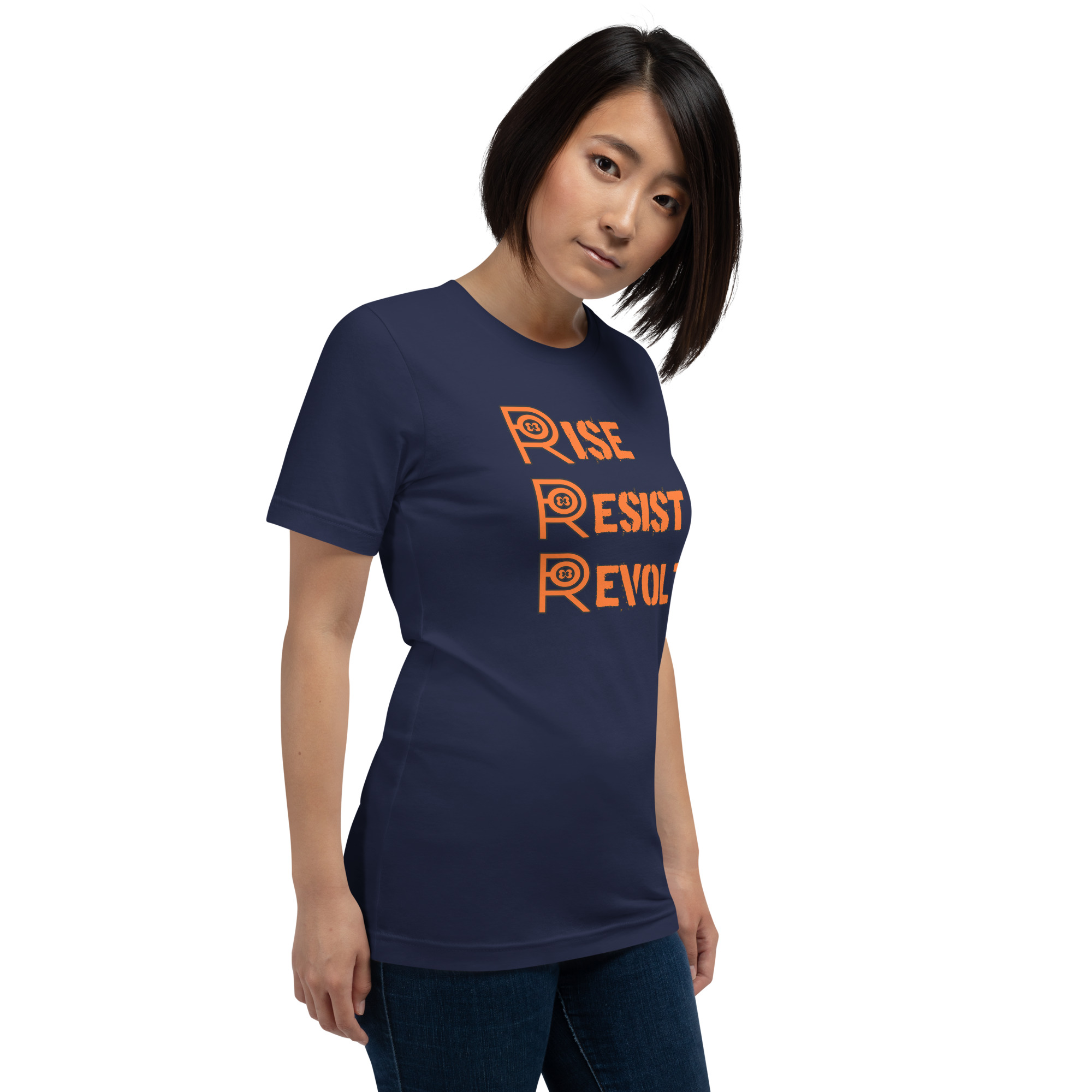 R - Rise Resist Revolt Orange And Black Dark Style Unisex T-shirt - Image 10