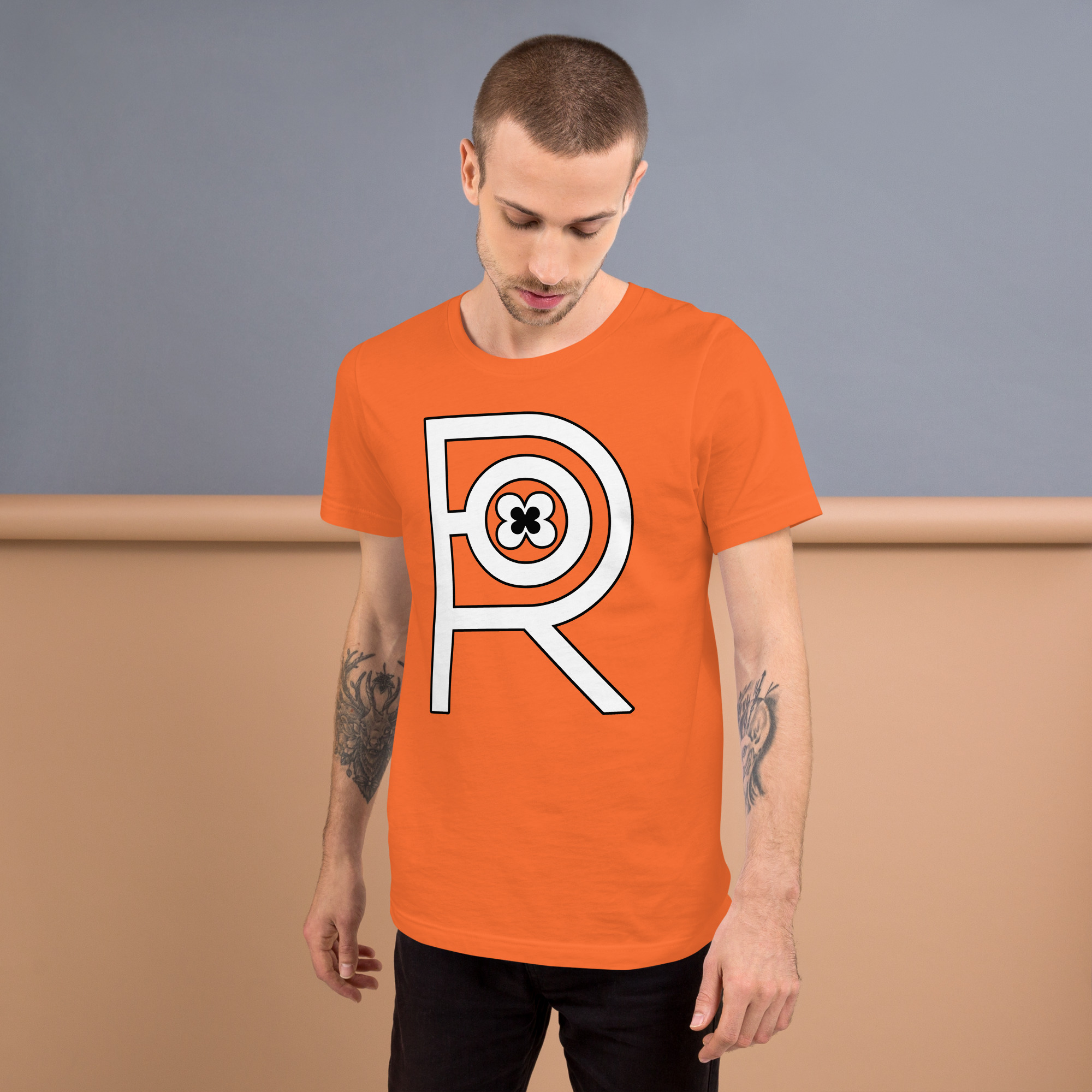 R - White And Black On Orange Unisex T-shirt - Image 6