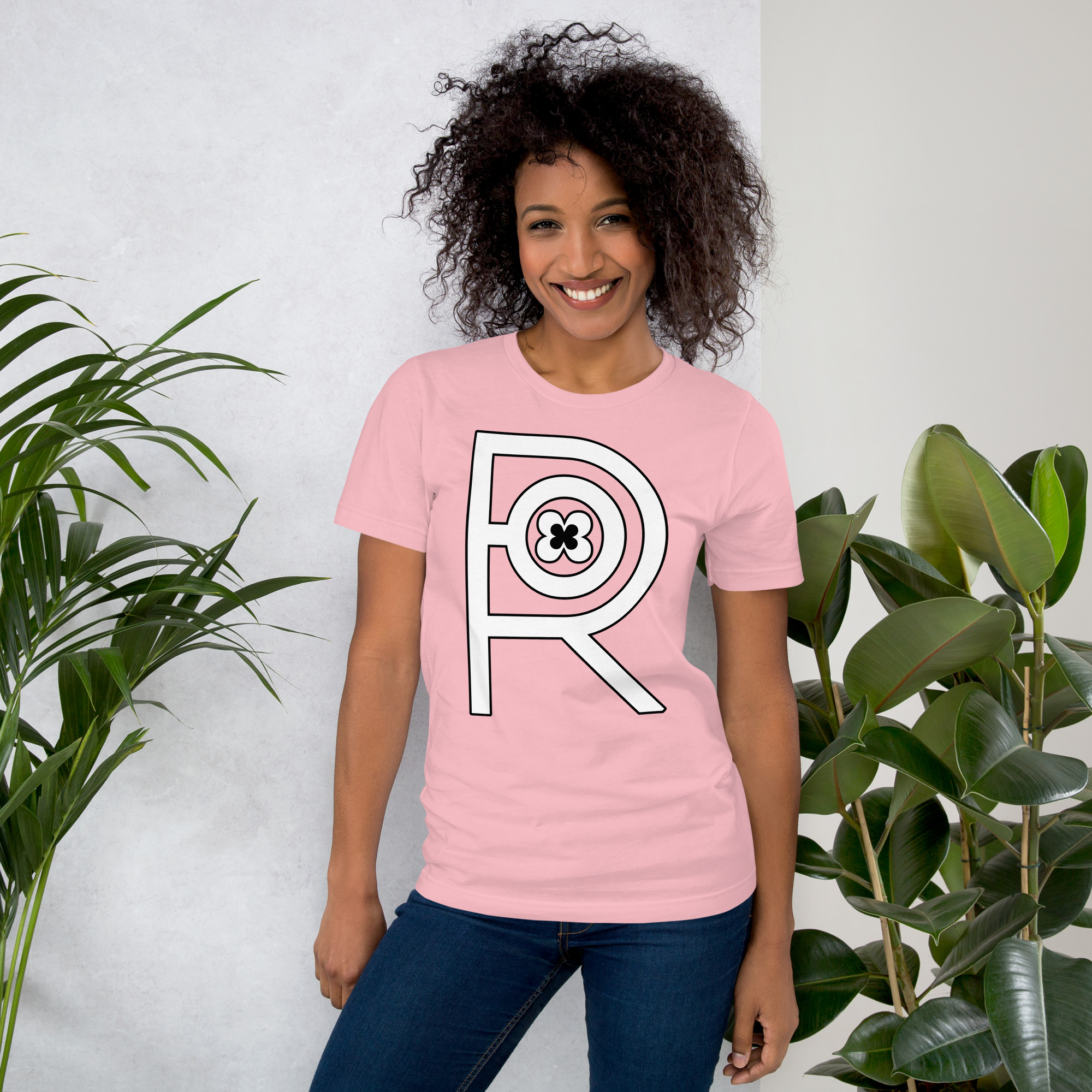 R - White And Black On Pink Unisex T-shirt - Image 2