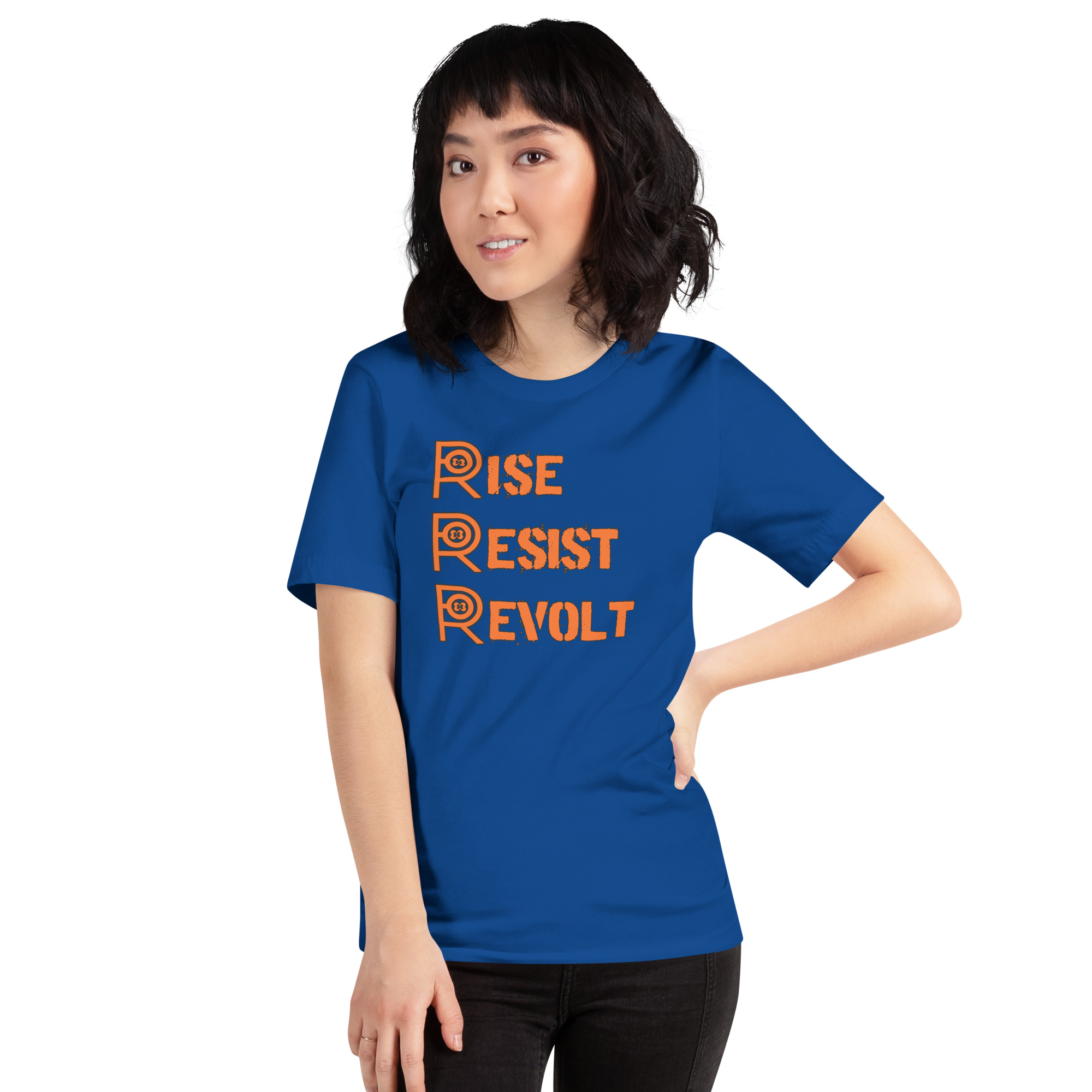 R - Rise Resist Revolt Orange And Black Dark Style Unisex T-shirt - Image 16