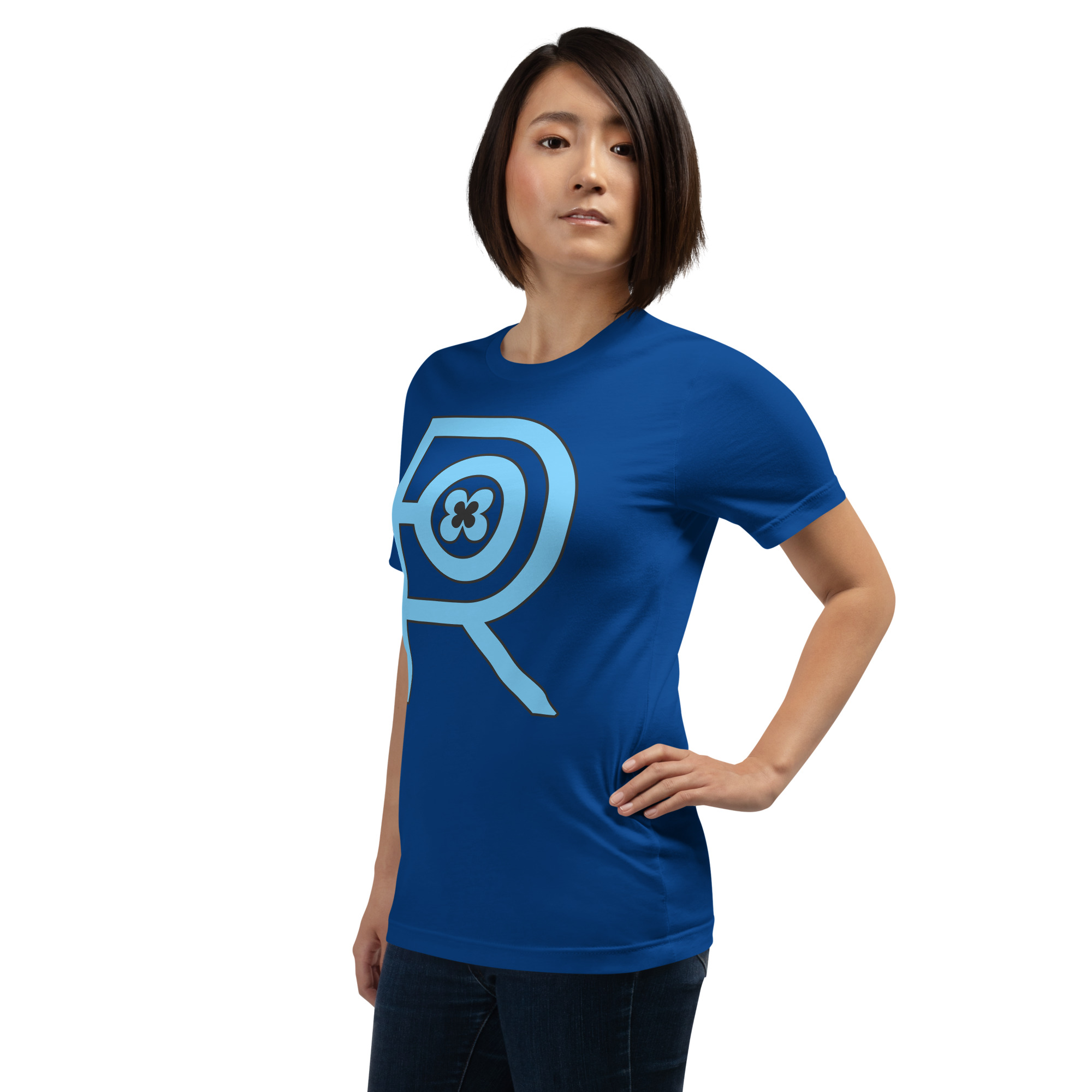 R - Sky Blue And Black On Royal Blue Unisex T-shirt - Image 5