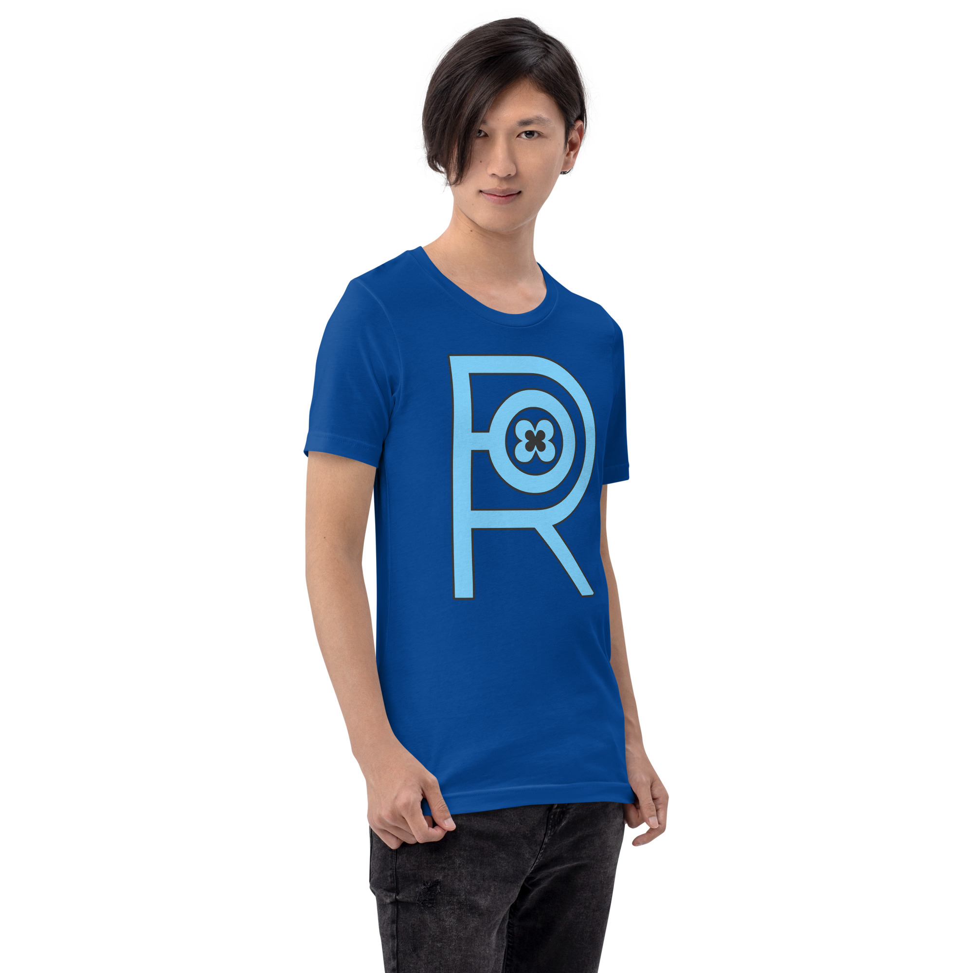 R - Sky Blue And Black On Royal Blue Unisex T-shirt - Image 7