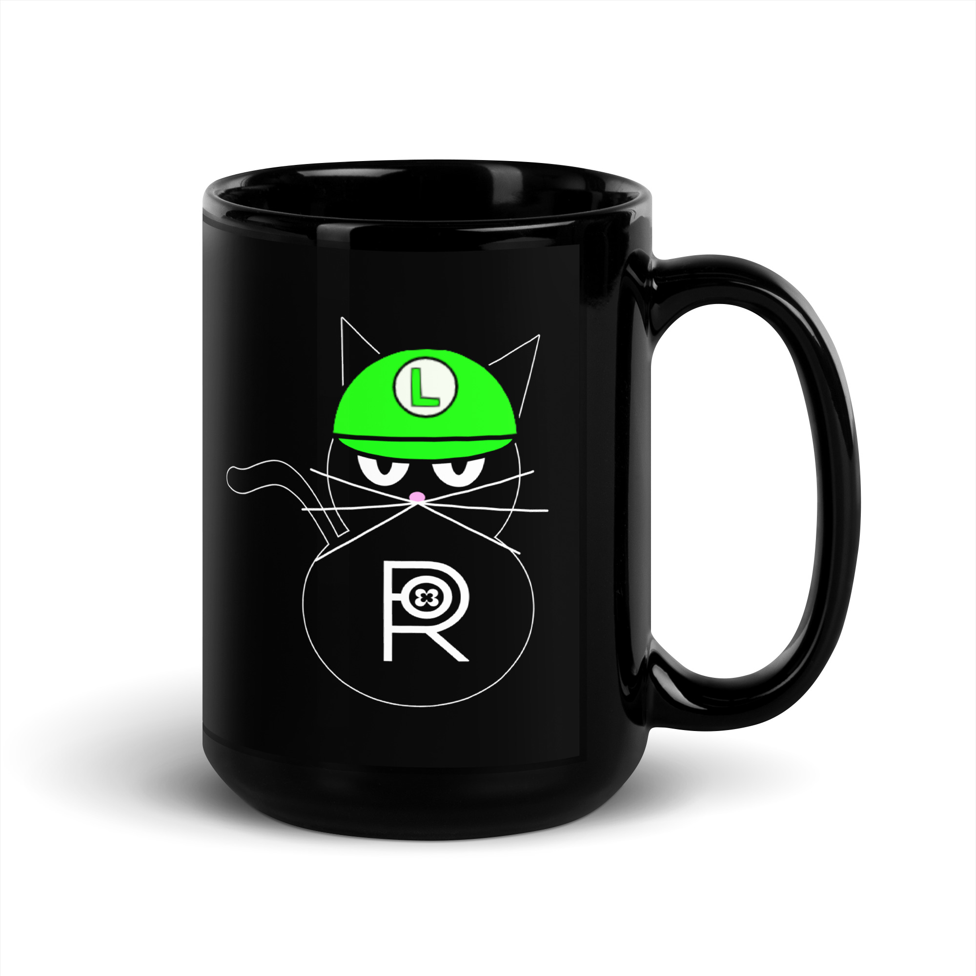 R - Luigi Kitty Black Glossy Mug - Image 5