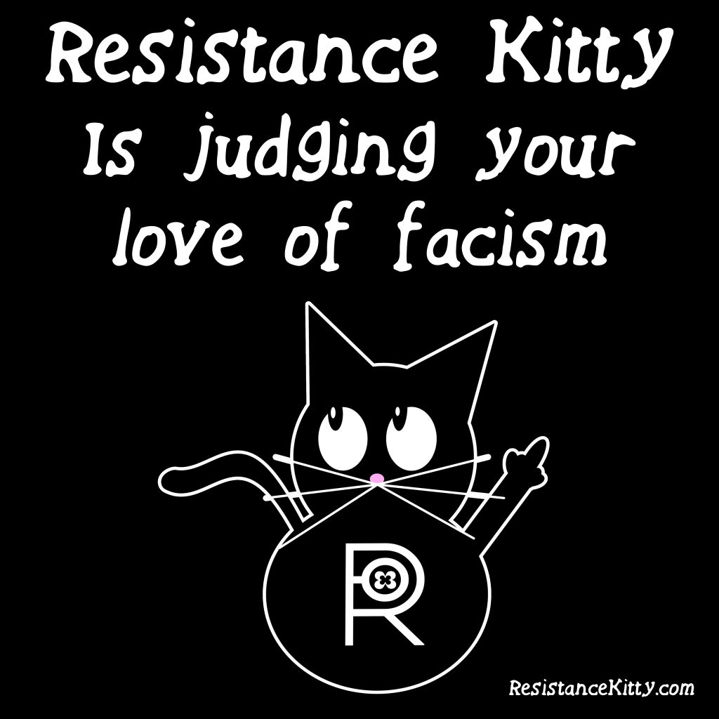 Resistance kitty is flipping the bird and judging you with contempt in their eyes