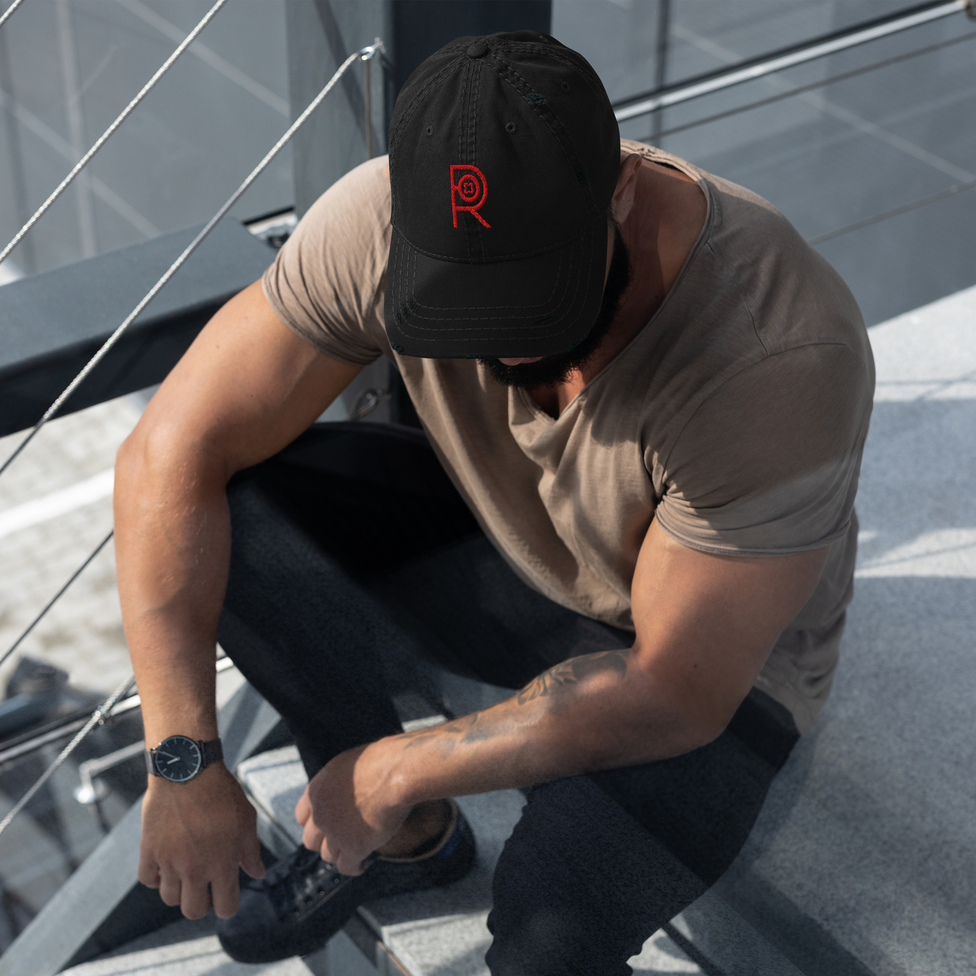 R - Red And Black Distressed Dad Hat - Image 3