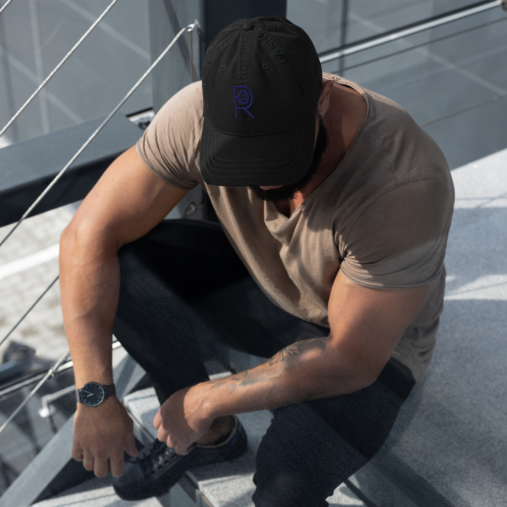 R - Navy And Black Distressed Dad Hat - Image 5