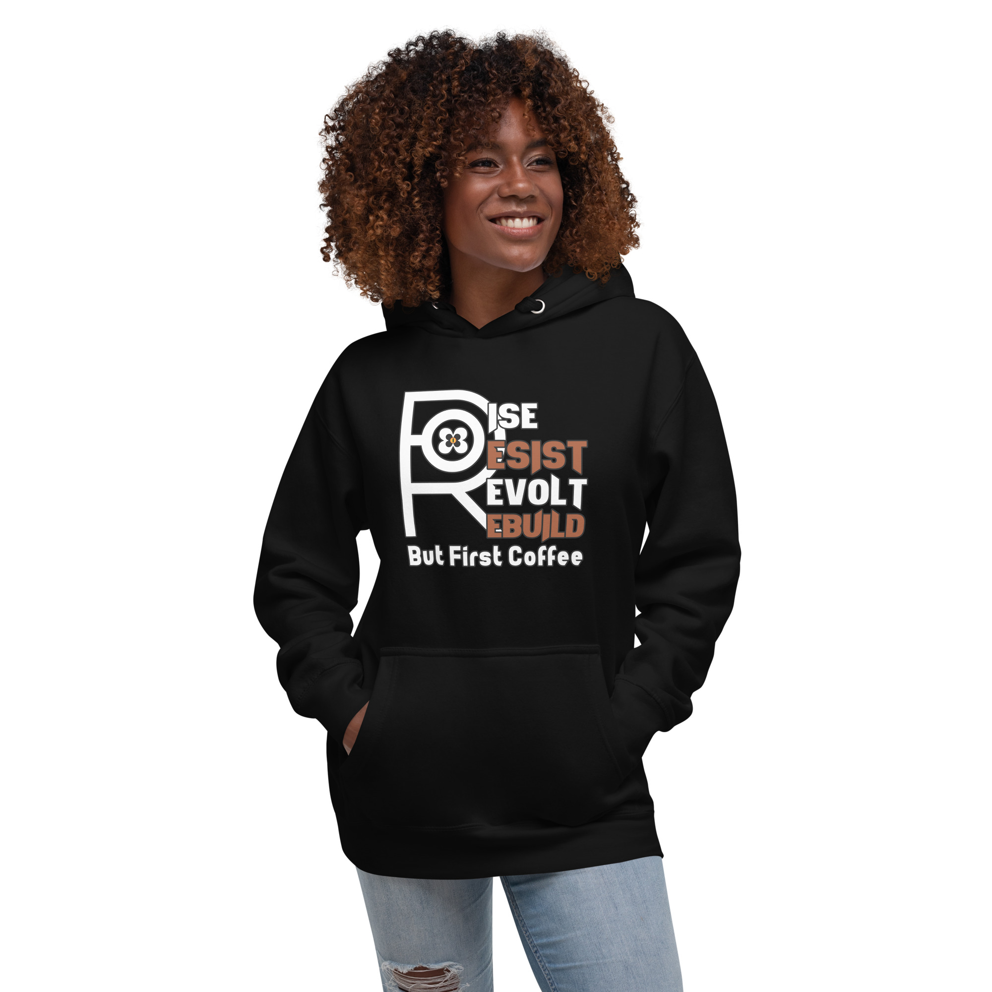 R - Rise Resist Revolt Rebuild But First Coffee Dark Style Unisex Hoodie - Image 2
