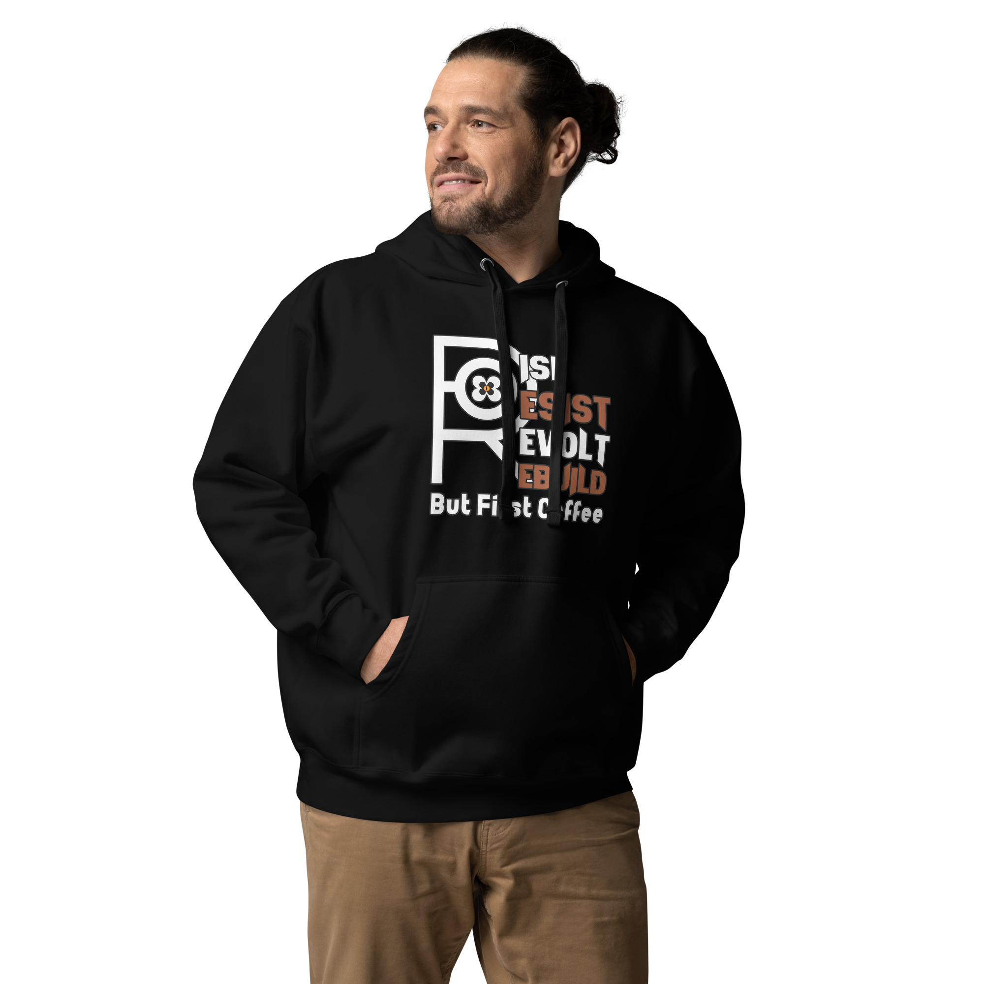 R - Rise Resist Revolt Rebuild But First Coffee Dark Style Unisex Hoodie - Image 3