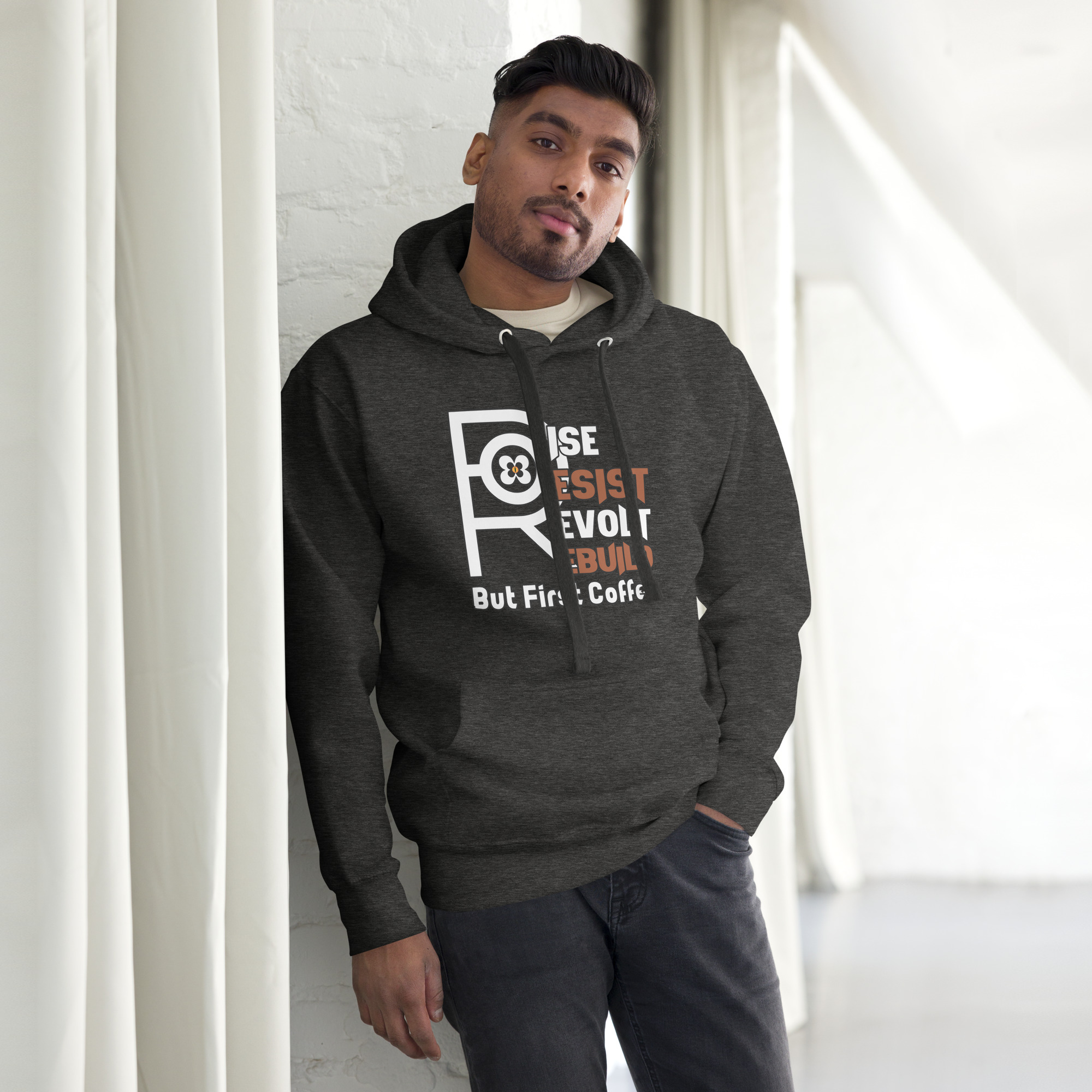R - Rise Resist Revolt Rebuild But First Coffee Dark Style Unisex Hoodie - Image 8